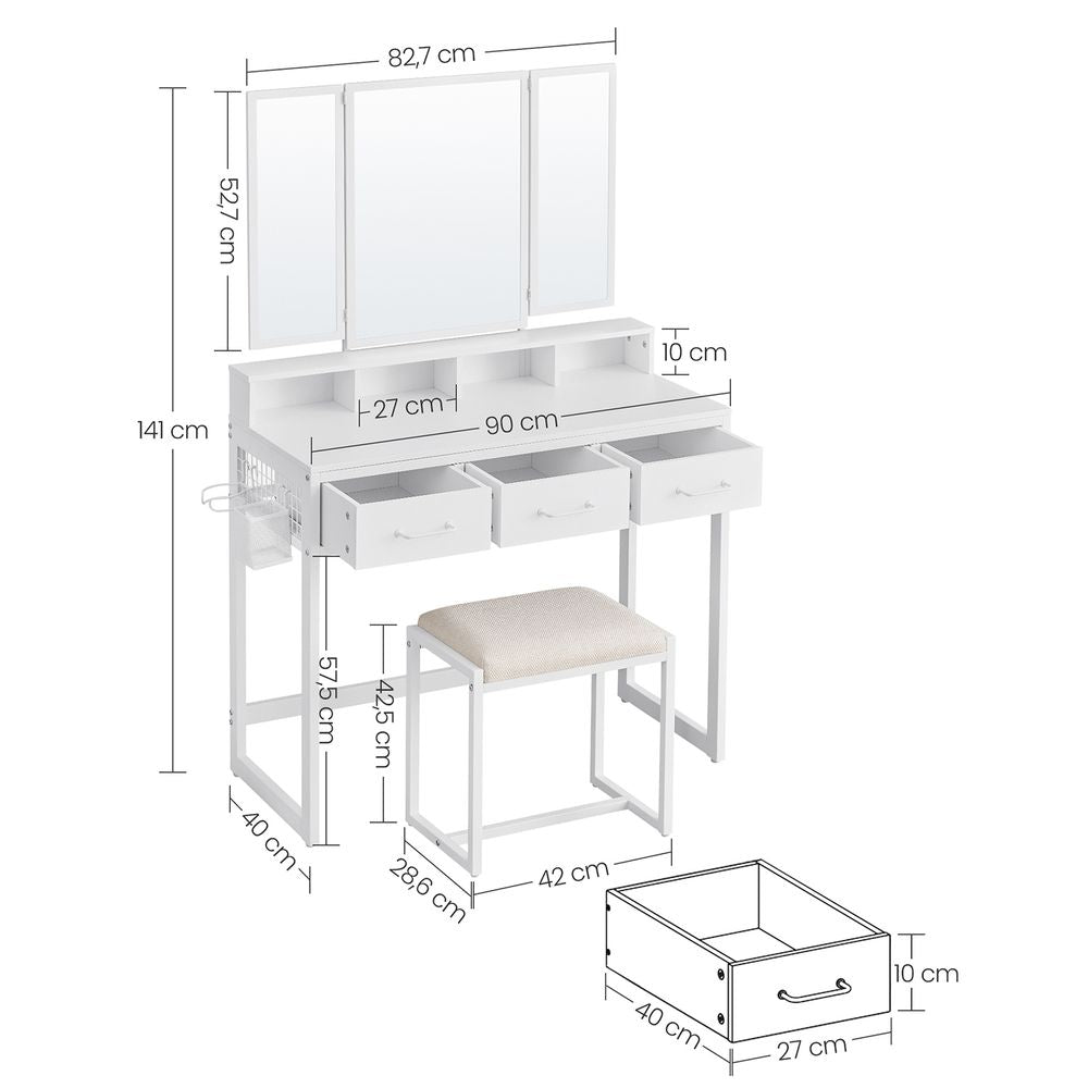 Elegant dressing table set with a tri-fold mirror, three spacious drawers, and a padded stool. Available in Brown, Oak Brown, Gray, and White, with a sturdy steel frame and ample storage options.