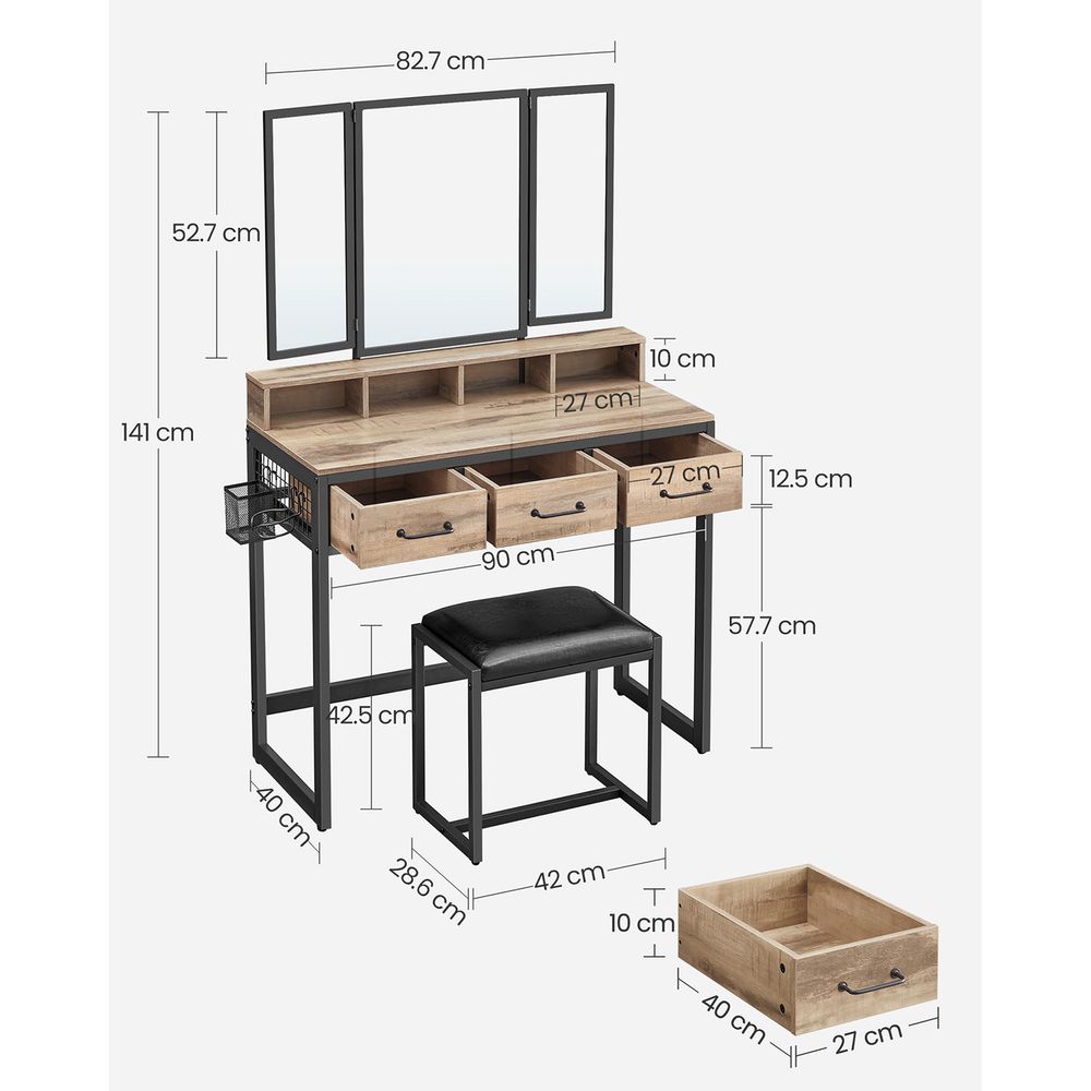 Elegant dressing table set with a tri-fold mirror, three spacious drawers, and a padded stool. Available in Brown, Oak Brown, Gray, and White, with a sturdy steel frame and ample storage options.