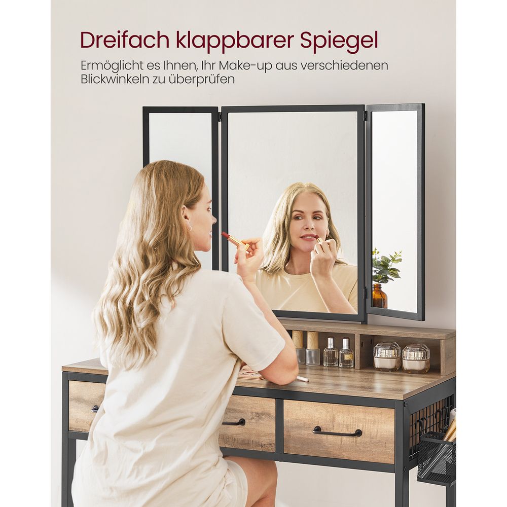 Elegant dressing table set with a tri-fold mirror, three spacious drawers, and a padded stool. Available in Brown, Oak Brown, Gray, and White, with a sturdy steel frame and ample storage options.