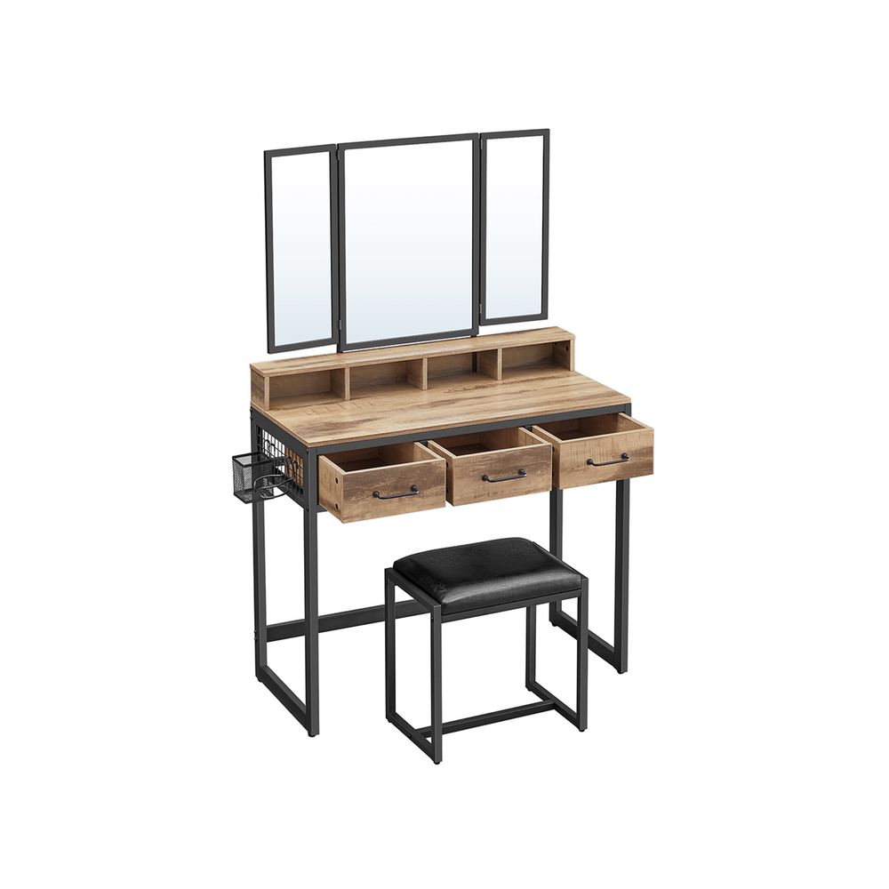 Elegant dressing table set with a tri-fold mirror, three spacious drawers, and a padded stool. Available in Brown, Oak Brown, Gray, and White, with a sturdy steel frame and ample storage options.