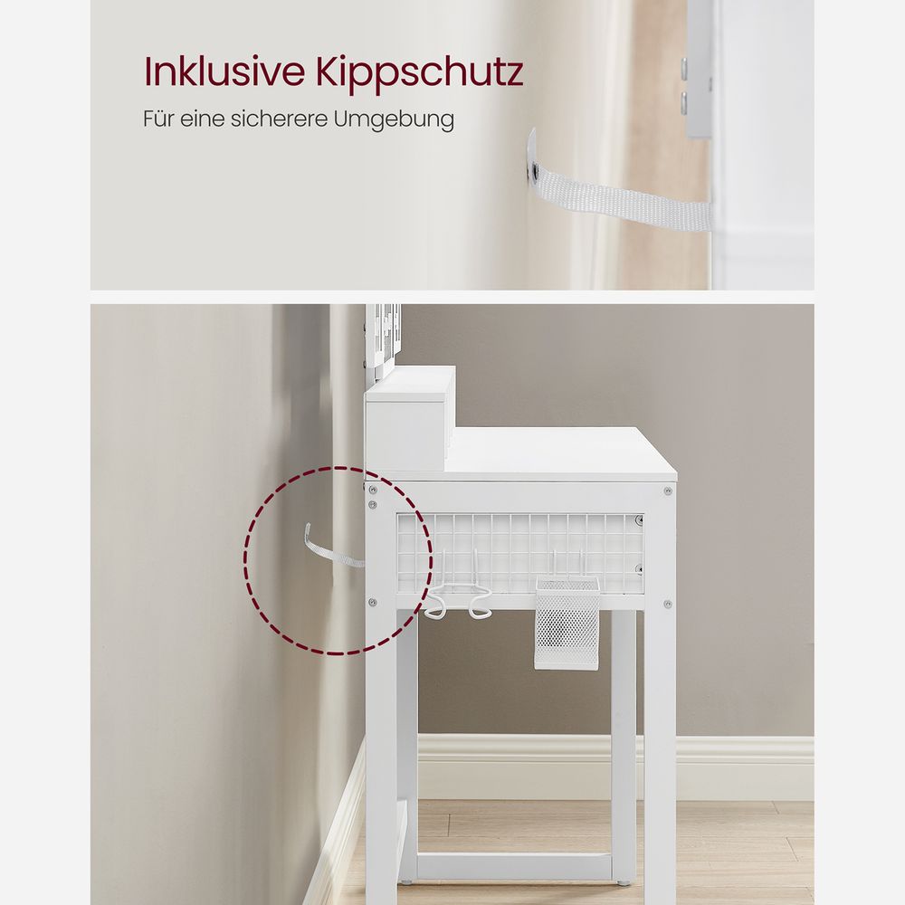 Elegant dressing table set with a tri-fold mirror, three spacious drawers, and a padded stool. Available in Brown, Oak Brown, Gray, and White, with a sturdy steel frame and ample storage options.