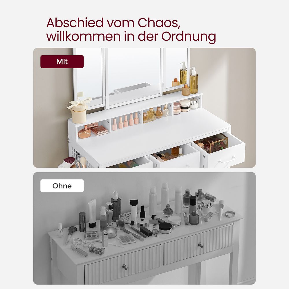 Elegant dressing table set with a tri-fold mirror, three spacious drawers, and a padded stool. Available in Brown, Oak Brown, Gray, and White, with a sturdy steel frame and ample storage options.