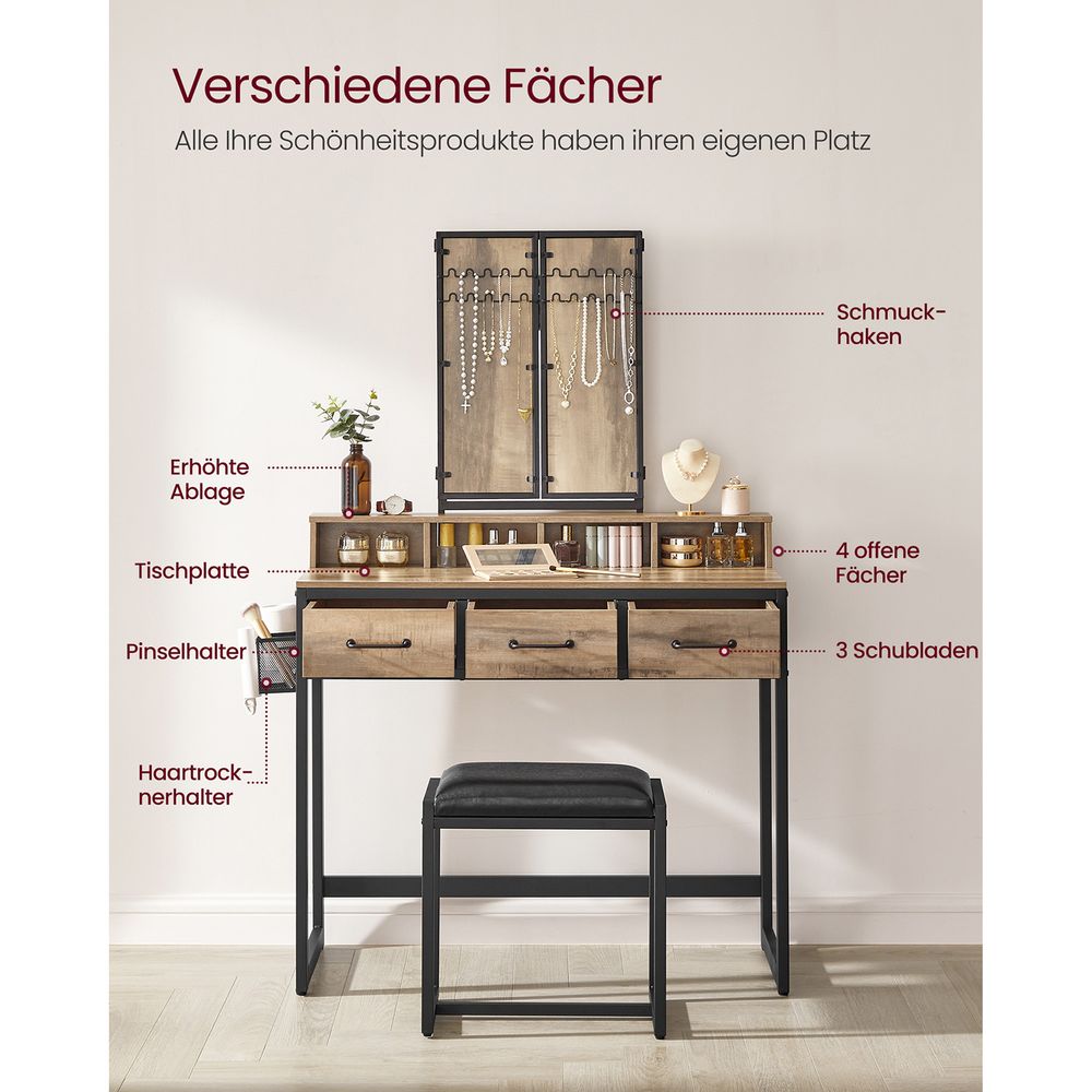 Elegant dressing table set with a tri-fold mirror, three spacious drawers, and a padded stool. Available in Brown, Oak Brown, Gray, and White, with a sturdy steel frame and ample storage options.
