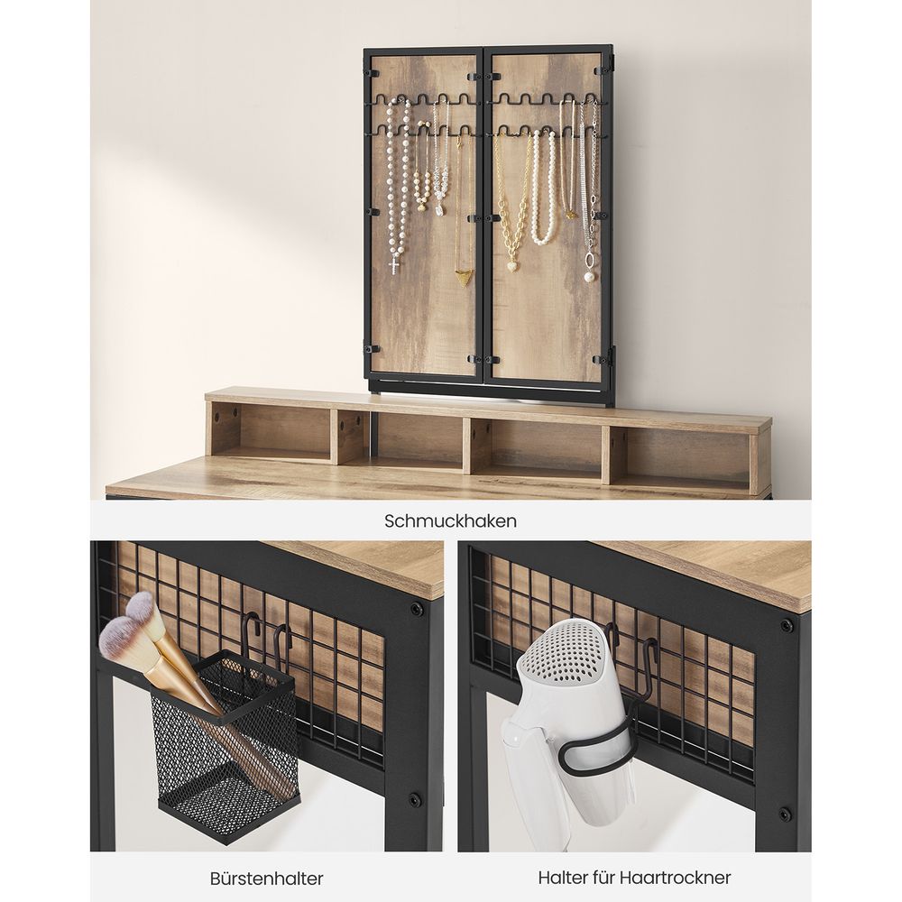 Elegant dressing table set with a tri-fold mirror, three spacious drawers, and a padded stool. Available in Brown, Oak Brown, Gray, and White, with a sturdy steel frame and ample storage options.