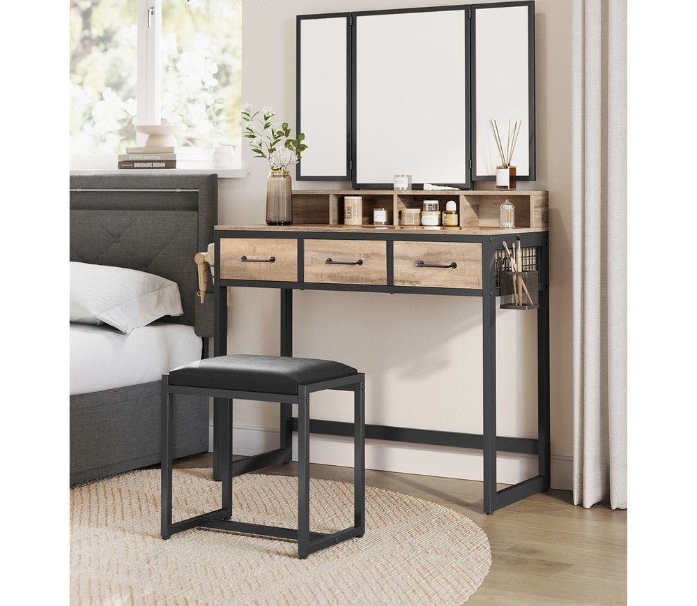 Elegant dressing table set with a tri-fold mirror, three spacious drawers, and a padded stool. Available in Brown, Oak Brown, Gray, and White, with a sturdy steel frame and ample storage options.