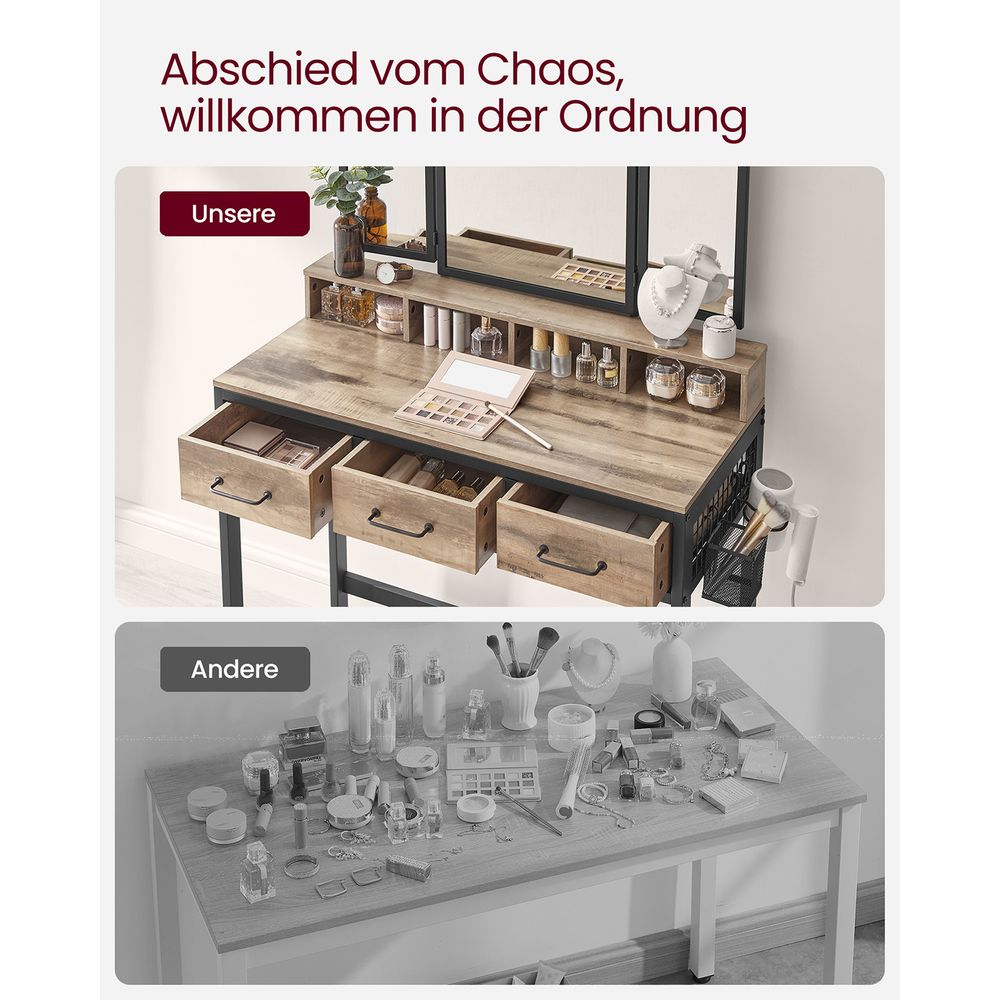 Elegant dressing table set with a tri-fold mirror, three spacious drawers, and a padded stool. Available in Brown, Oak Brown, Gray, and White, with a sturdy steel frame and ample storage options.