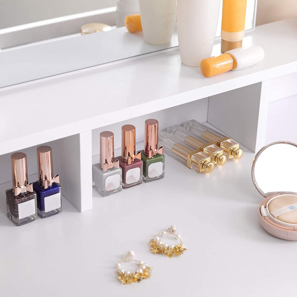 Elegant white dressing table with a rectangular mirror, 2 large drawers for makeup storage, 3 open compartments for nail polish and cosmetics, and a raised shelf for perfume bottles. The table features a modern design with melamine coating for easy cleaning and includes anti-tip protection for safety. Ideal for organizing your beauty essentials.