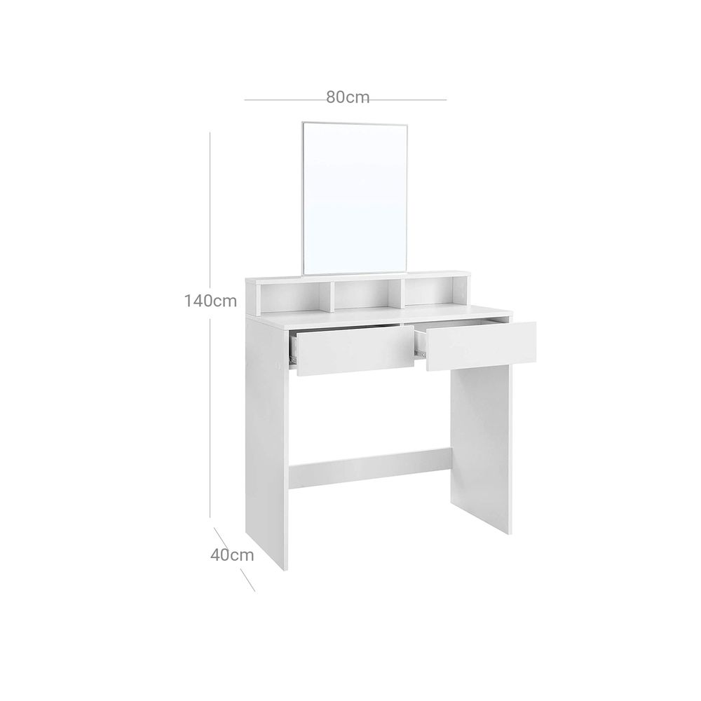 Elegant white dressing table with a rectangular mirror, 2 large drawers for makeup storage, 3 open compartments for nail polish and cosmetics, and a raised shelf for perfume bottles. The table features a modern design with melamine coating for easy cleaning and includes anti-tip protection for safety. Ideal for organizing your beauty essentials.