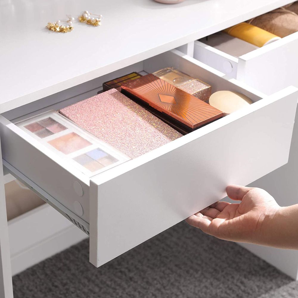 Elegant white dressing table with a rectangular mirror, 2 large drawers for makeup storage, 3 open compartments for nail polish and cosmetics, and a raised shelf for perfume bottles. The table features a modern design with melamine coating for easy cleaning and includes anti-tip protection for safety. Ideal for organizing your beauty essentials.
