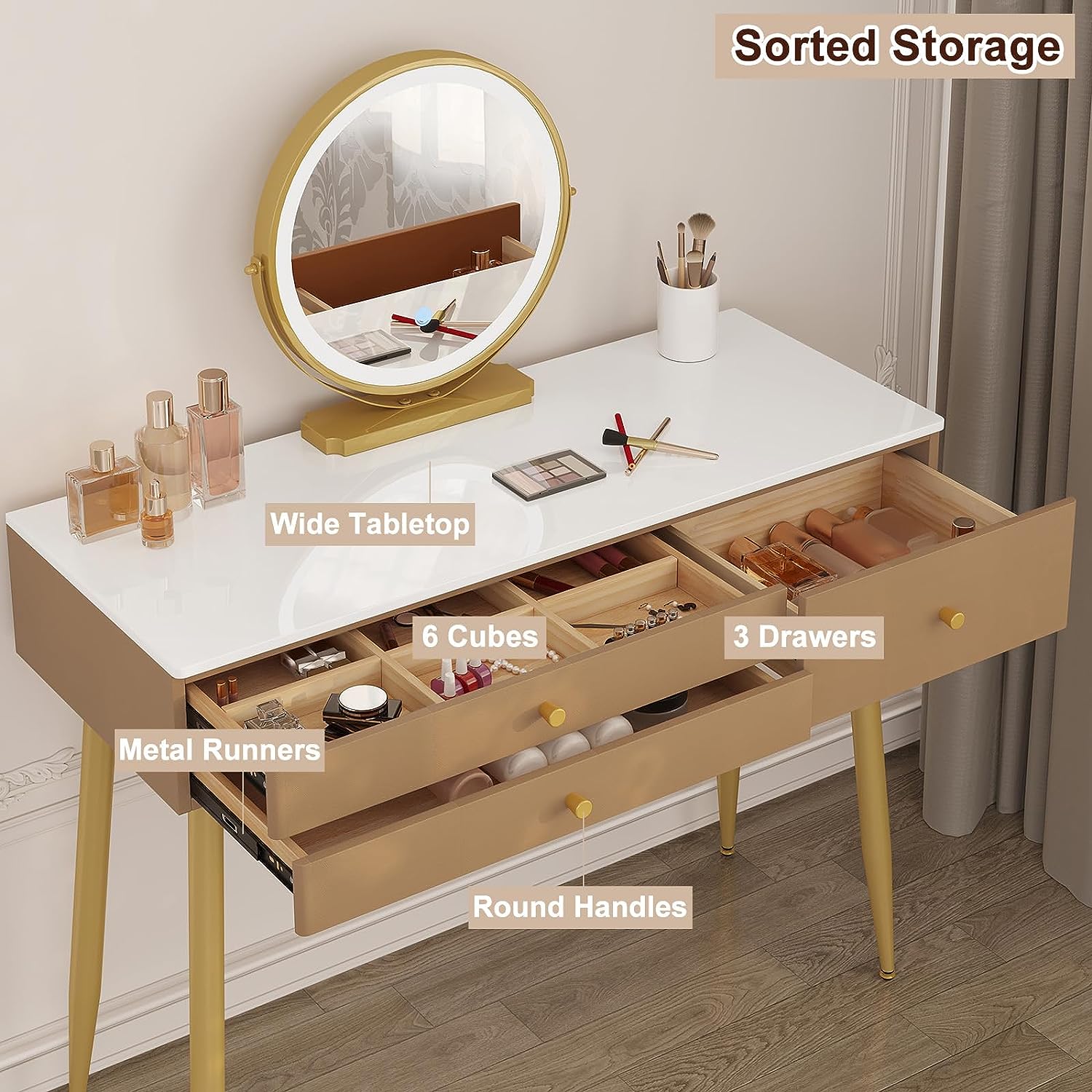 "Modern LED dressing table with velvet chair, gold accents, and ample storage, available in Gray, Cream, or Khaki – Egyptian Queen Store."