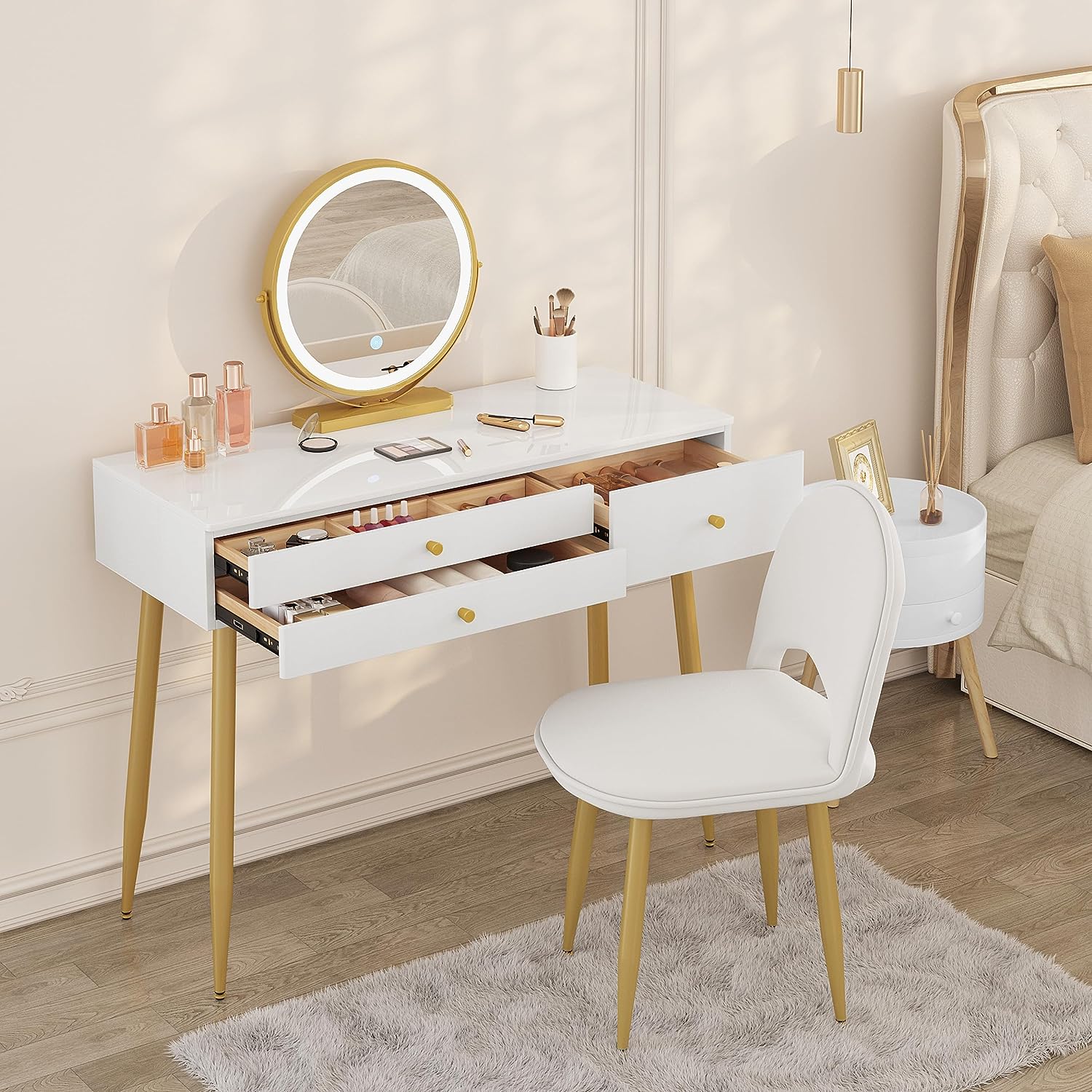 "Modern LED dressing table with velvet chair, gold accents, and ample storage, available in Gray, Cream, or Khaki – Egyptian Queen Store."