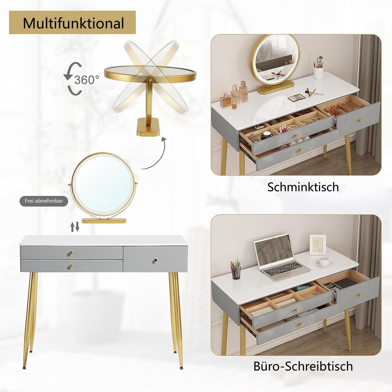 "Modern LED dressing table with velvet chair, gold accents, and ample storage, available in Gray, Cream, or Khaki – Egyptian Queen Store."