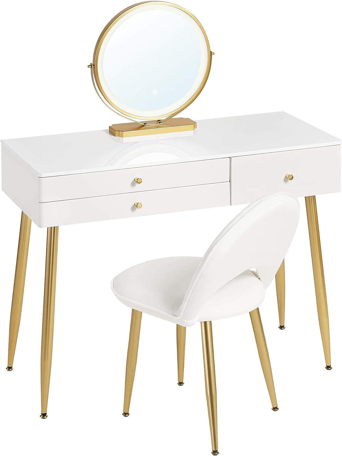 "Modern LED dressing table with velvet chair, gold accents, and ample storage, available in Gray, Cream, or Khaki – Egyptian Queen Store."