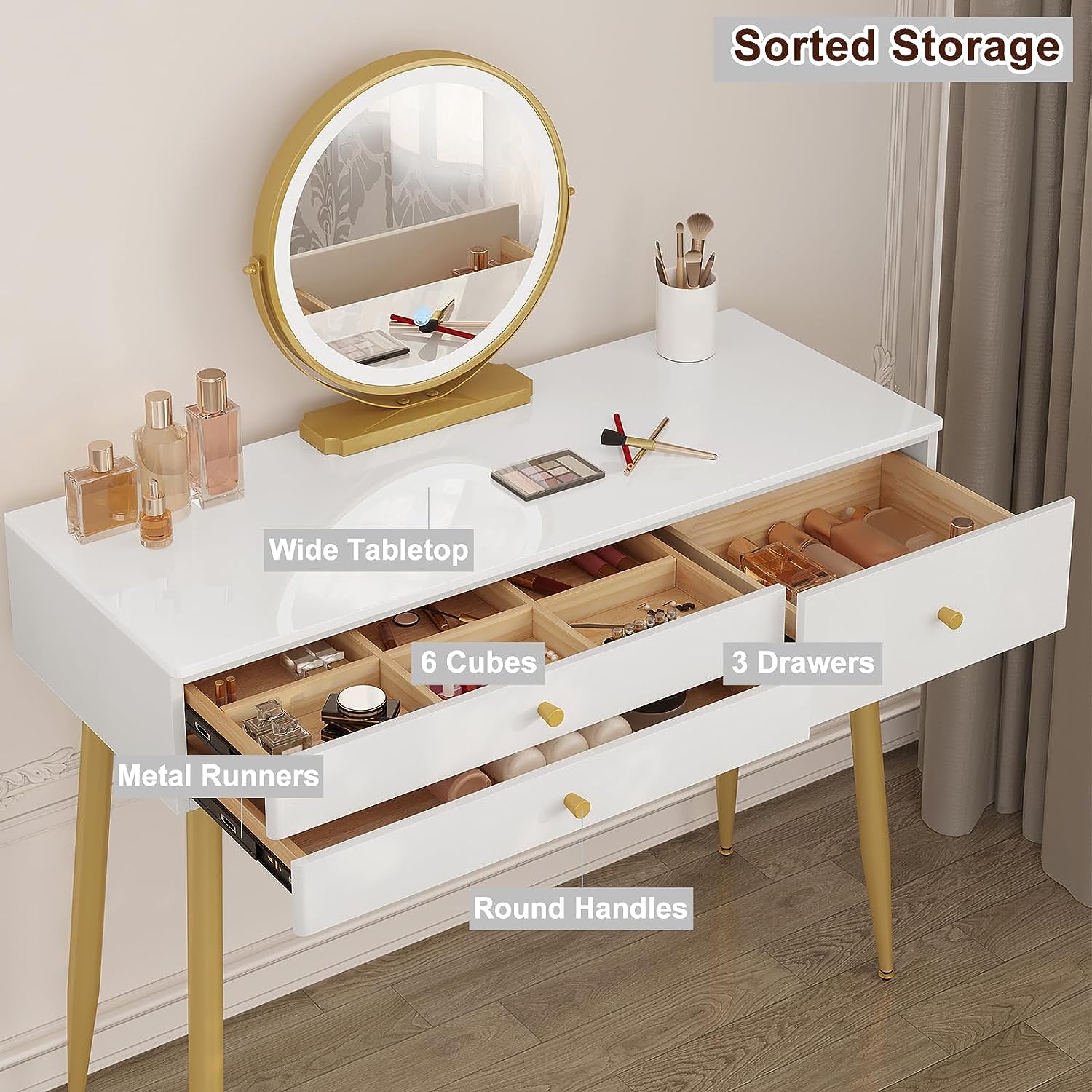 "Modern LED dressing table with velvet chair, gold accents, and ample storage, available in Gray, Cream, or Khaki – Egyptian Queen Store."