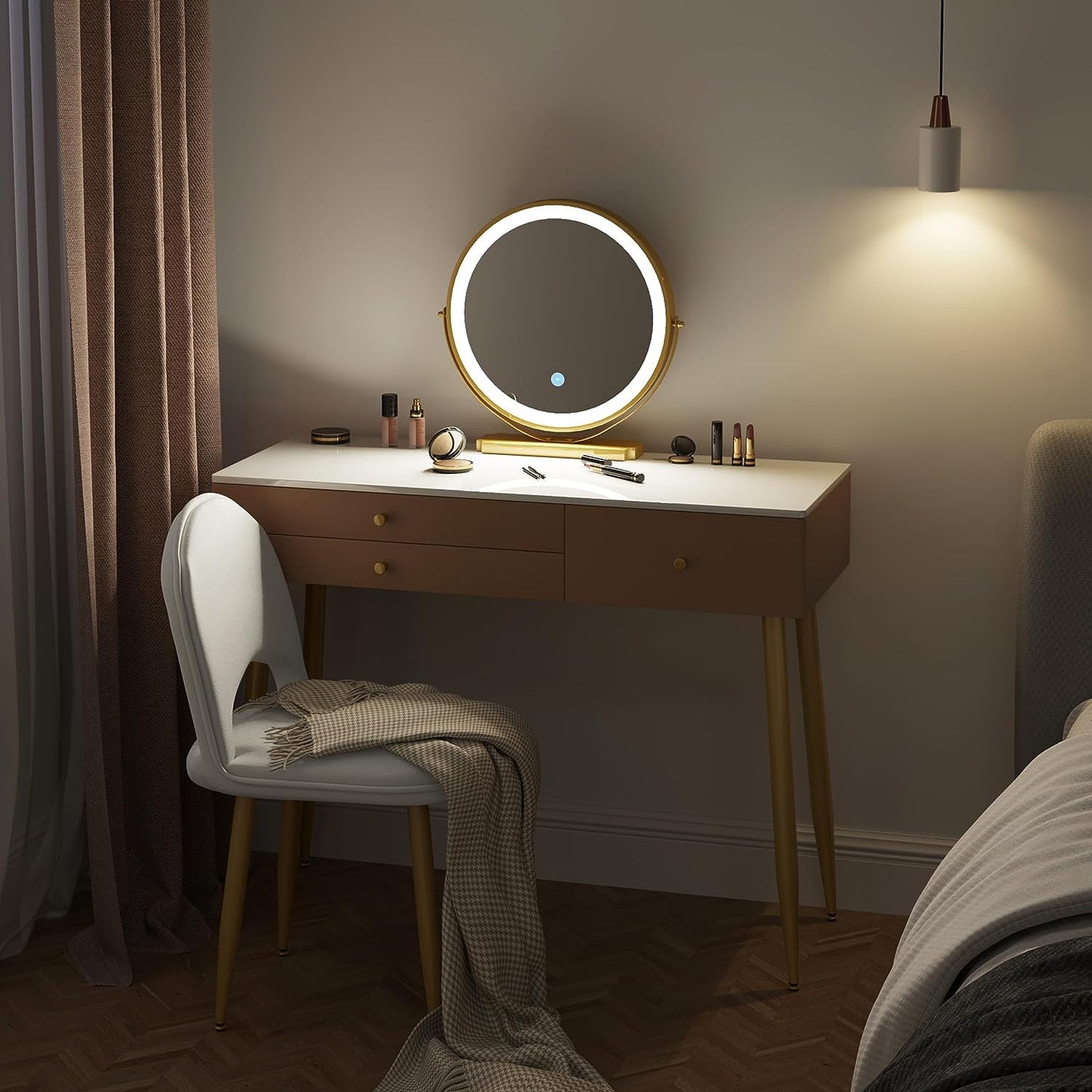 "Modern LED dressing table with velvet chair, gold accents, and ample storage, available in Gray, Cream, or Khaki – Egyptian Queen Store."