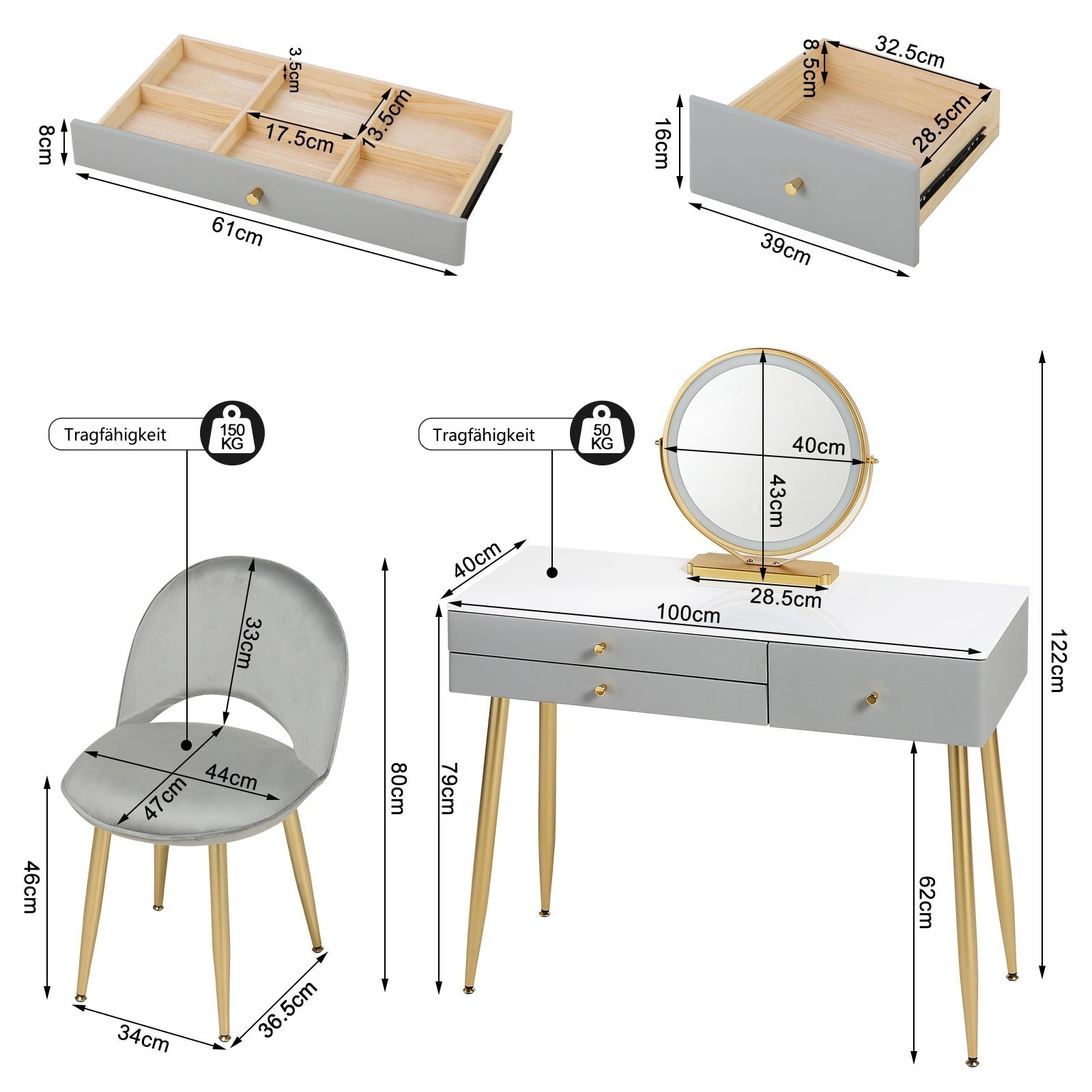 "Modern LED dressing table with velvet chair, gold accents, and ample storage, available in Gray, Cream, or Khaki – Egyptian Queen Store."