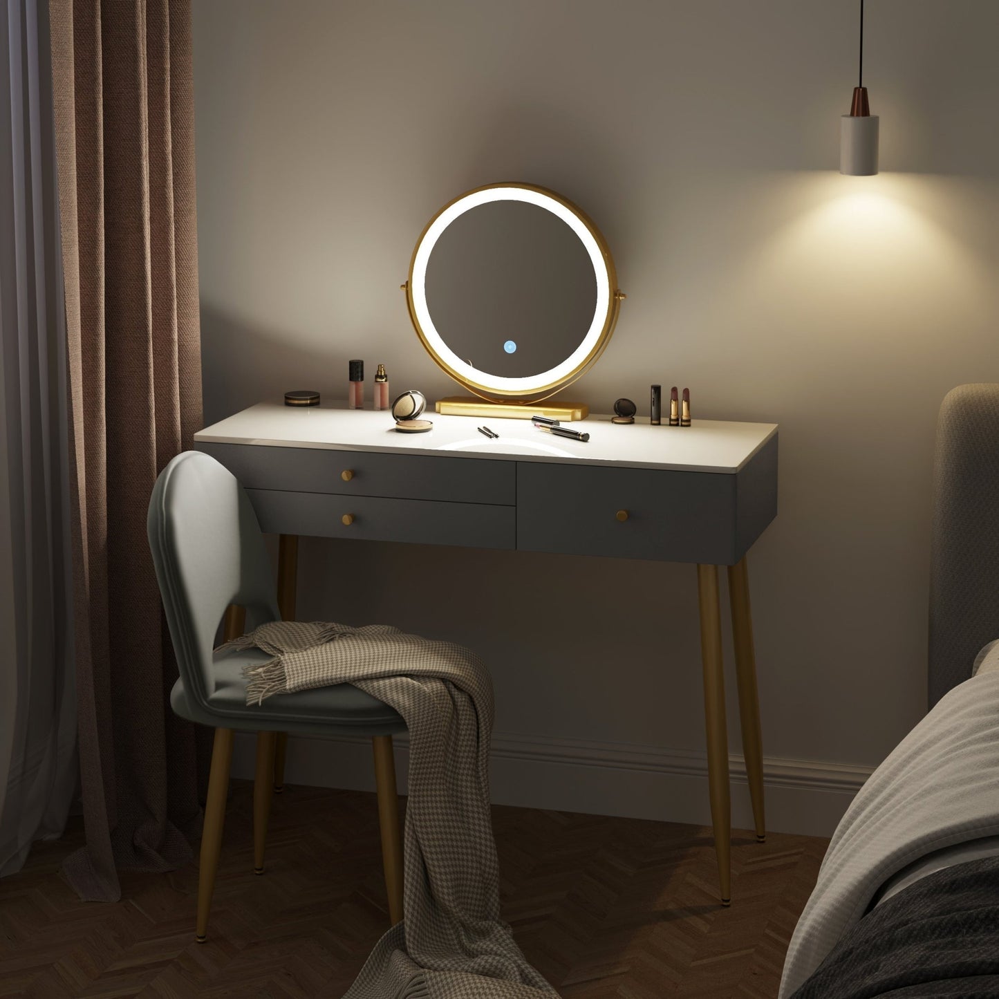 "Modern LED dressing table with velvet chair, gold accents, and ample storage, available in Gray, Cream, or Khaki – Egyptian Queen Store."