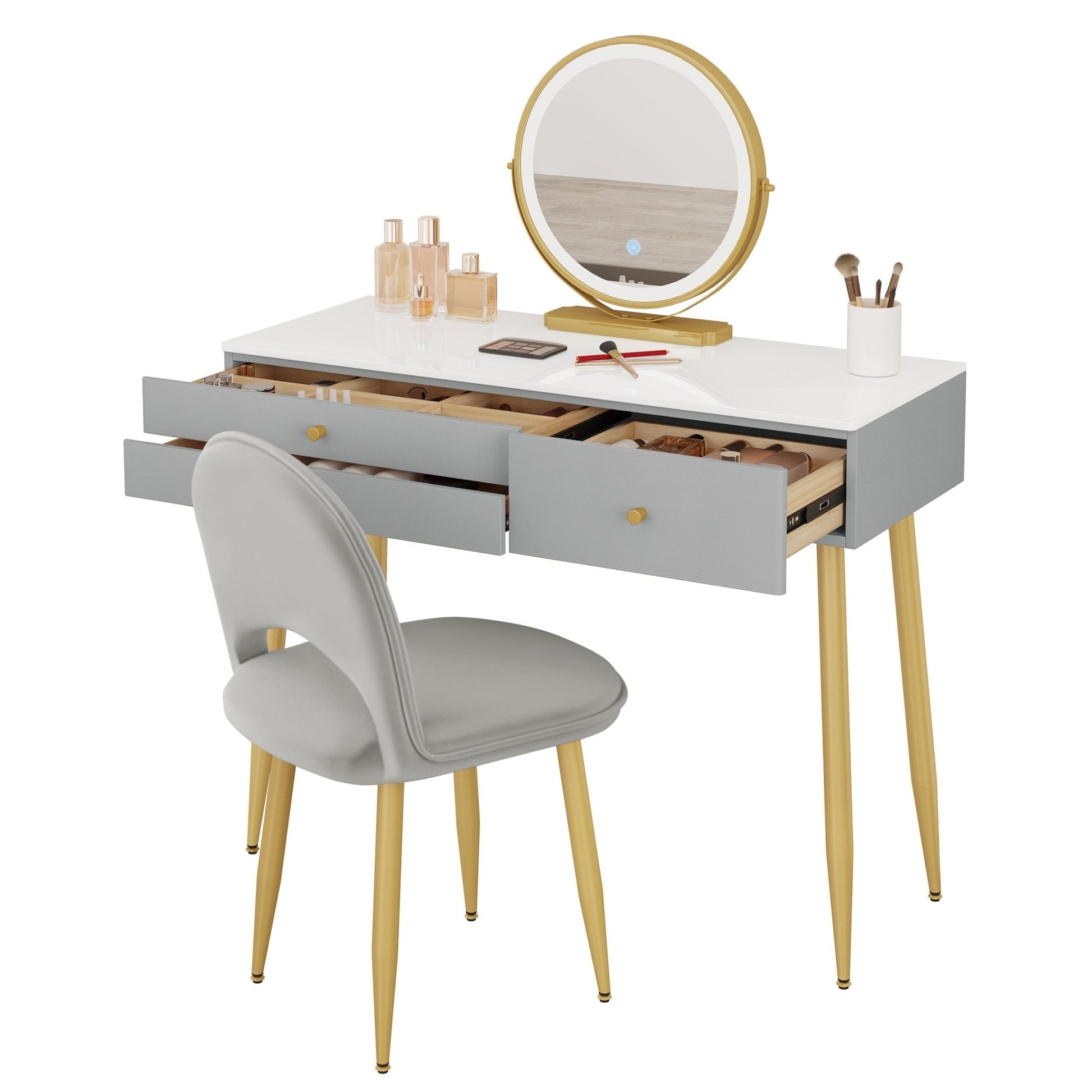 "Modern LED dressing table with velvet chair, gold accents, and ample storage, available in Gray, Cream, or Khaki – Egyptian Queen Store."
