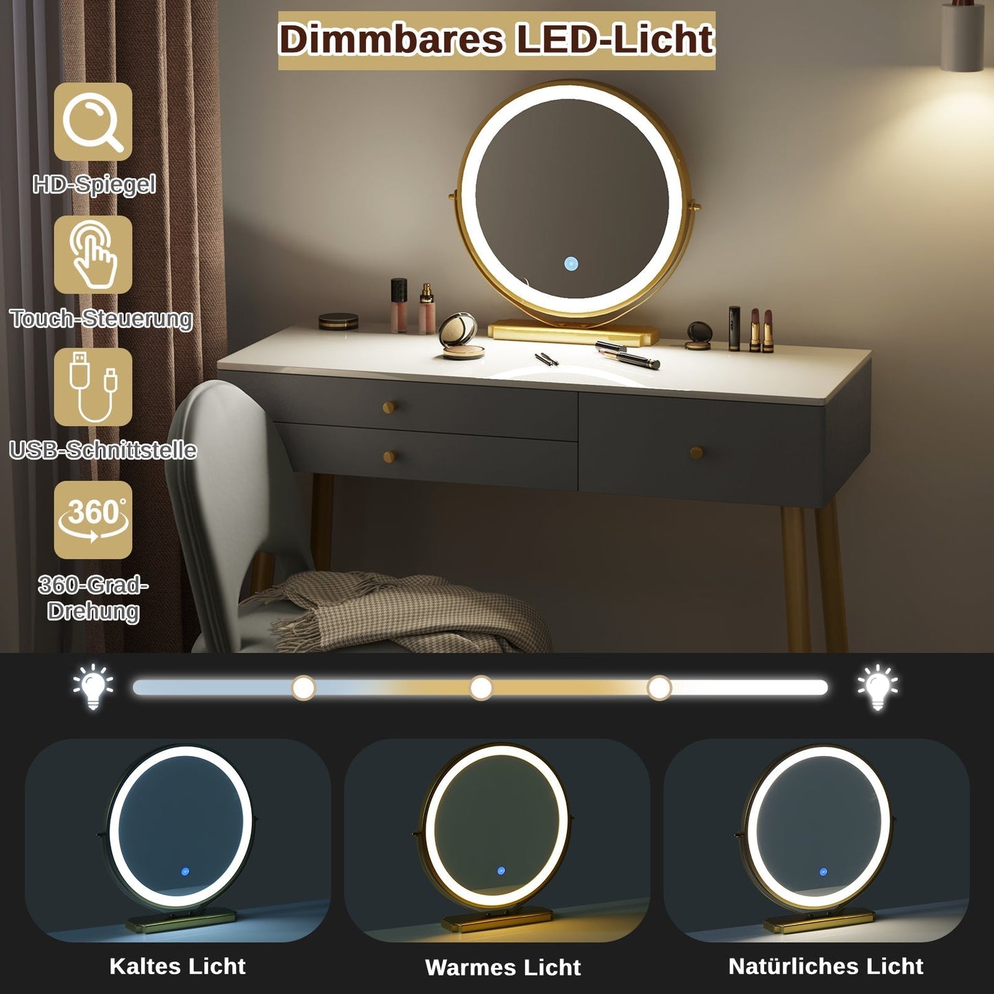 "Modern LED dressing table with velvet chair, gold accents, and ample storage, available in Gray, Cream, or Khaki – Egyptian Queen Store."