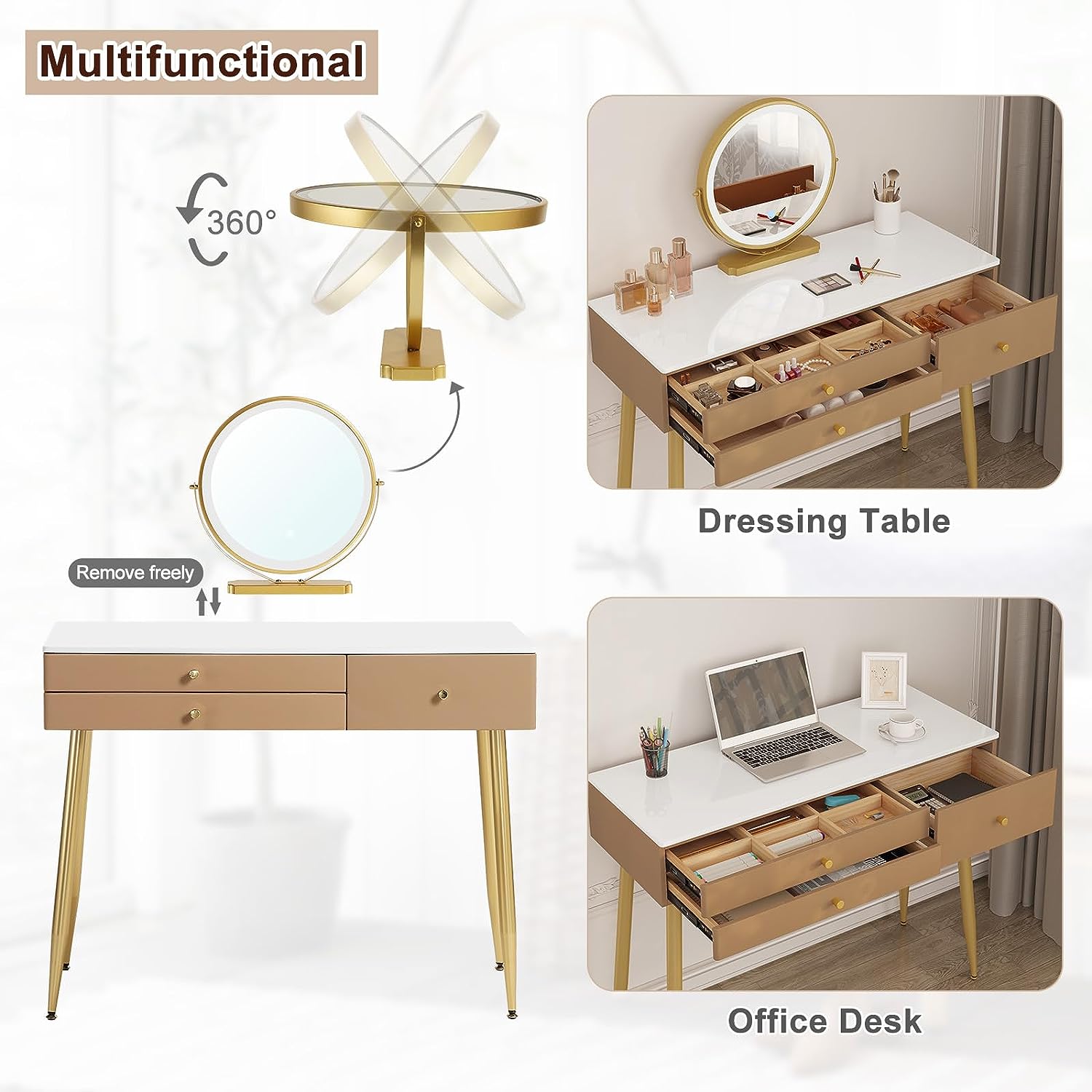 "Modern LED dressing table with velvet chair, gold accents, and ample storage, available in Gray, Cream, or Khaki – Egyptian Queen Store."