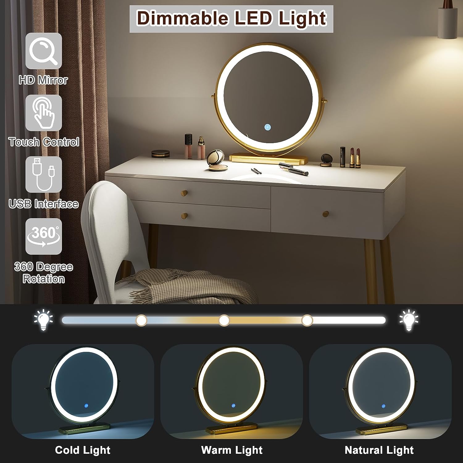 "Modern LED dressing table with velvet chair, gold accents, and ample storage, available in Gray, Cream, or Khaki – Egyptian Queen Store."