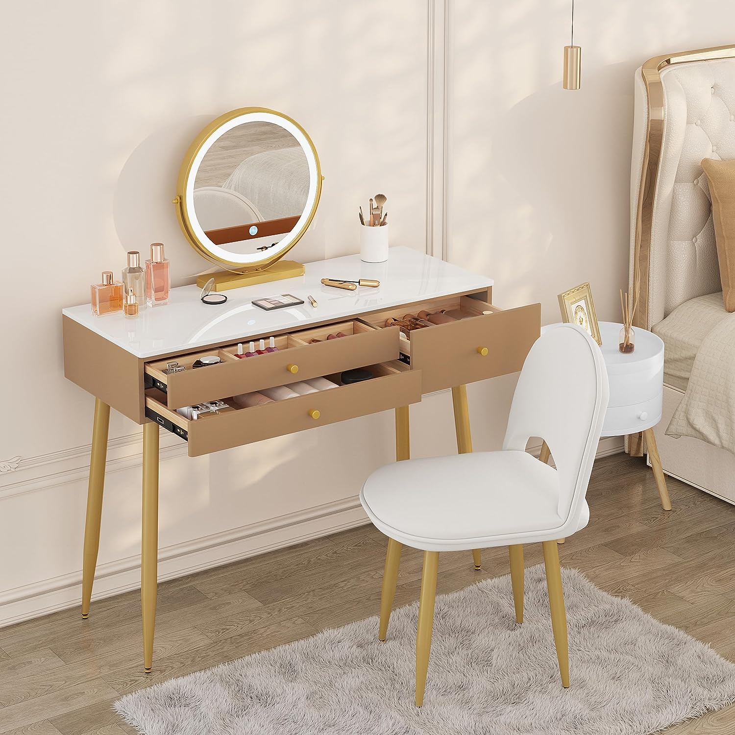 "Modern LED dressing table with velvet chair, gold accents, and ample storage, available in Gray, Cream, or Khaki – Egyptian Queen Store."
