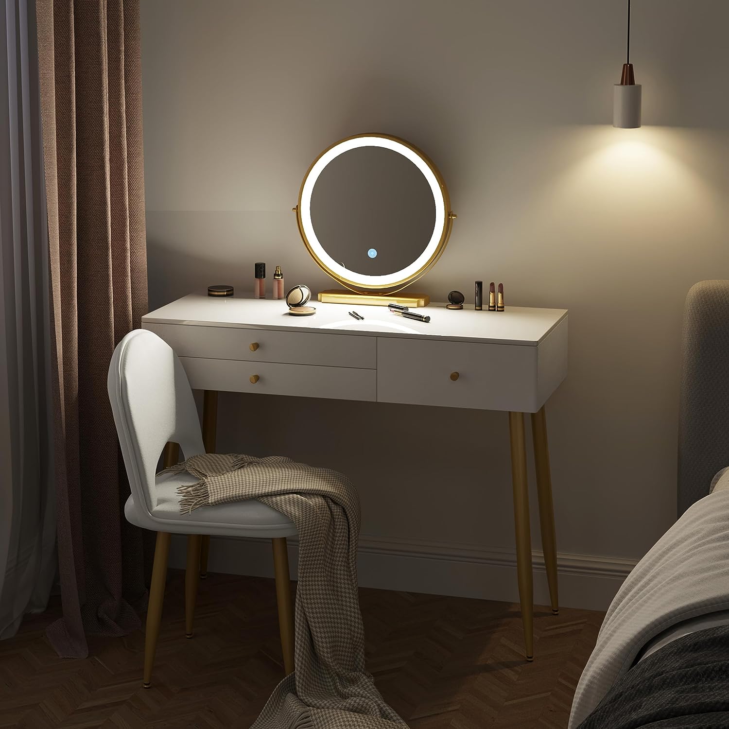 "Modern LED dressing table with velvet chair, gold accents, and ample storage, available in Gray, Cream, or Khaki – Egyptian Queen Store."