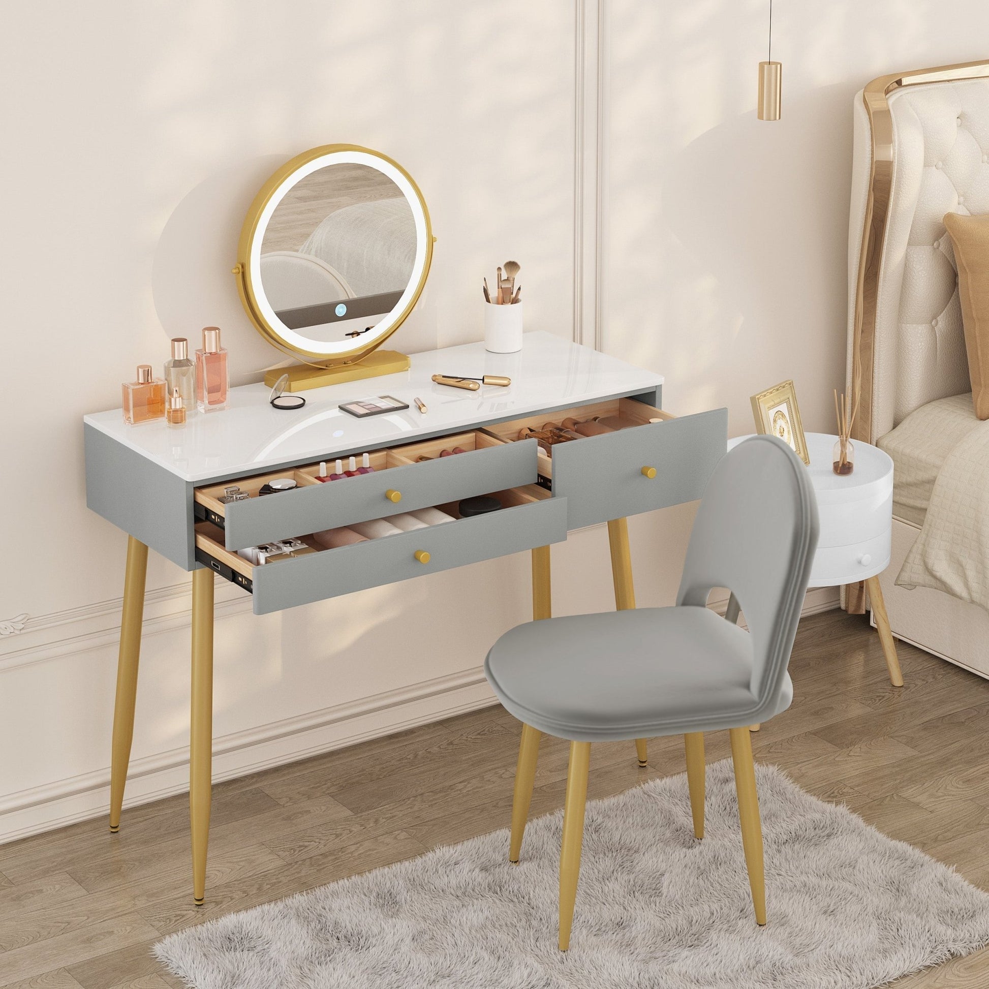 "Modern LED dressing table with velvet chair, gold accents, and ample storage, available in Gray, Cream, or Khaki – Egyptian Queen Store."