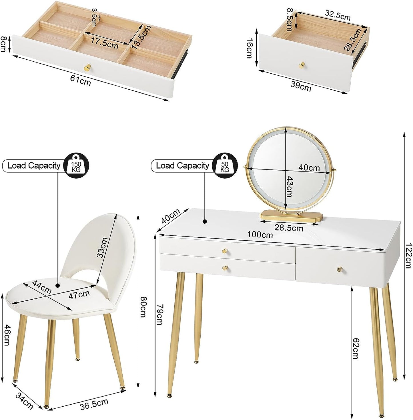 "Modern LED dressing table with velvet chair, gold accents, and ample storage, available in Gray, Cream, or Khaki – Egyptian Queen Store."