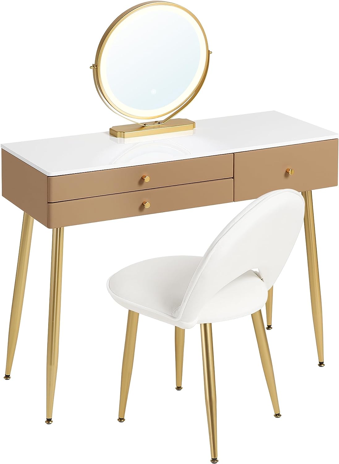 "Modern LED dressing table with velvet chair, gold accents, and ample storage, available in Gray, Cream, or Khaki – Egyptian Queen Store."