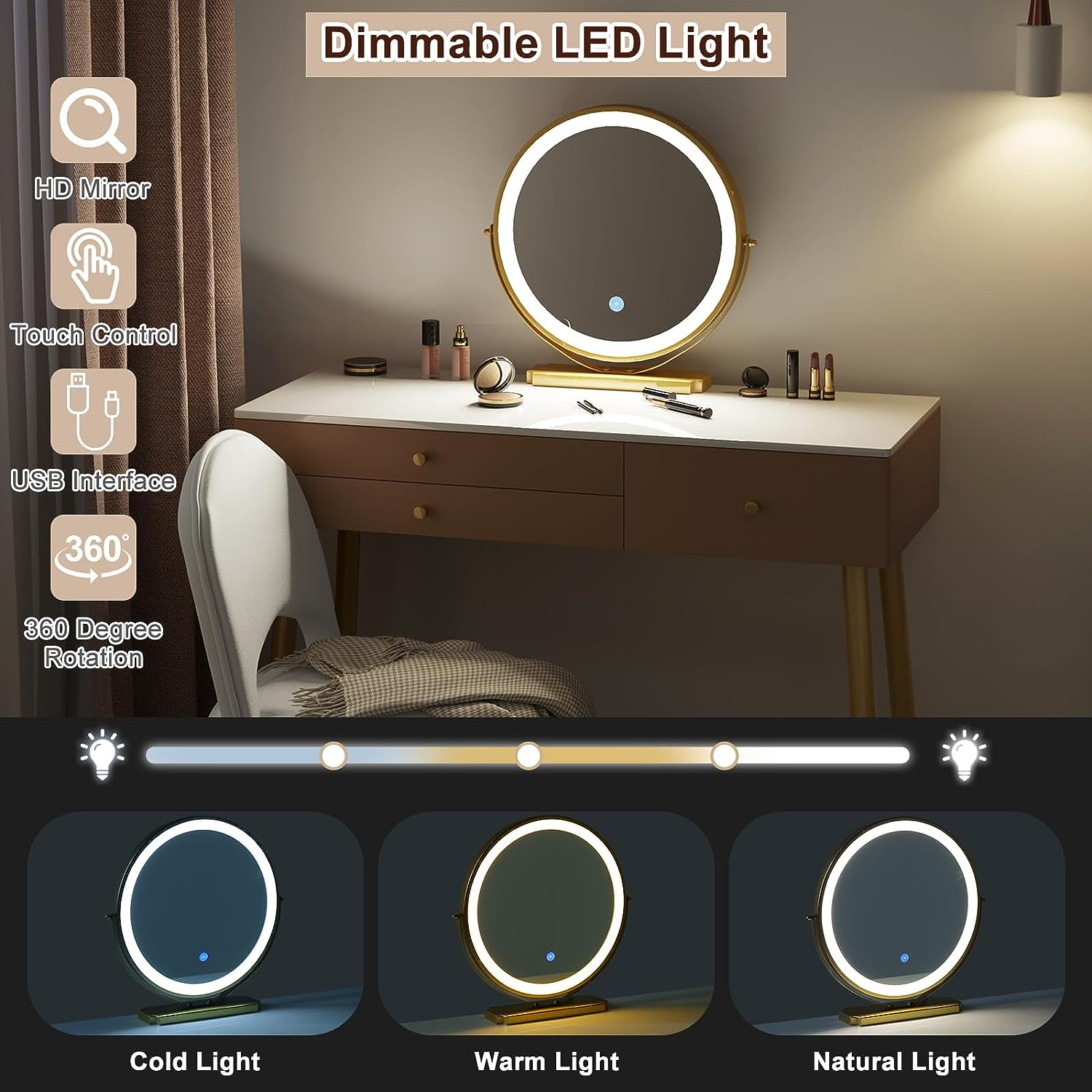 "Modern LED dressing table with velvet chair, gold accents, and ample storage, available in Gray, Cream, or Khaki – Egyptian Queen Store."