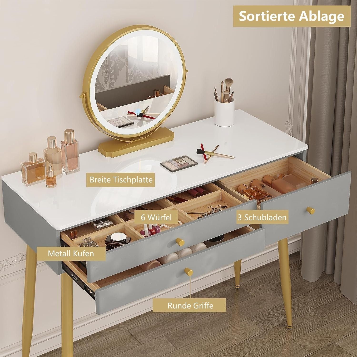 "Modern LED dressing table with velvet chair, gold accents, and ample storage, available in Gray, Cream, or Khaki – Egyptian Queen Store."