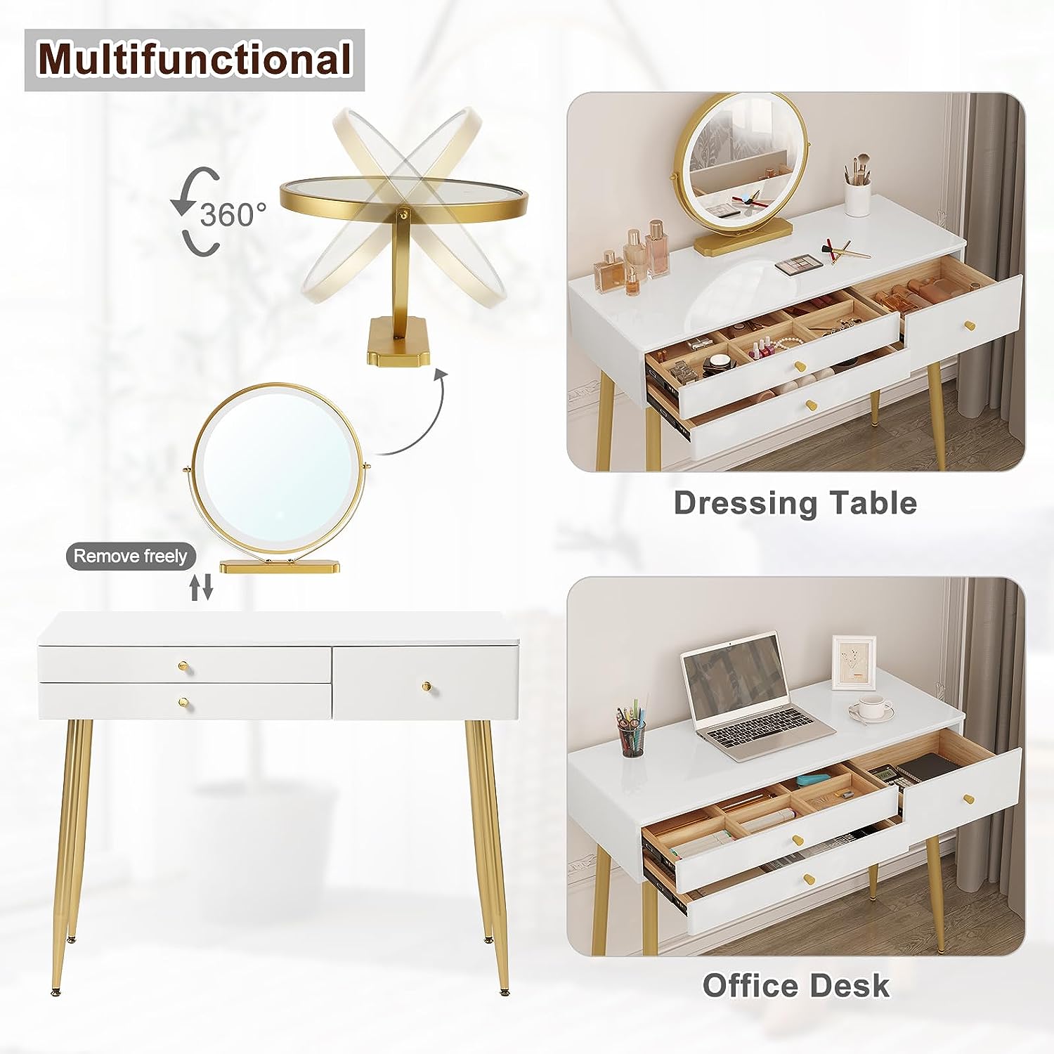 "Modern LED dressing table with velvet chair, gold accents, and ample storage, available in Gray, Cream, or Khaki – Egyptian Queen Store."