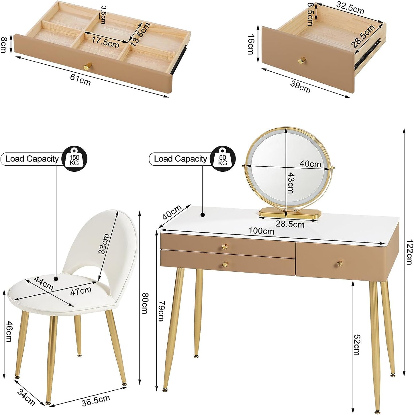 "Modern LED dressing table with velvet chair, gold accents, and ample storage, available in Gray, Cream, or Khaki – Egyptian Queen Store."