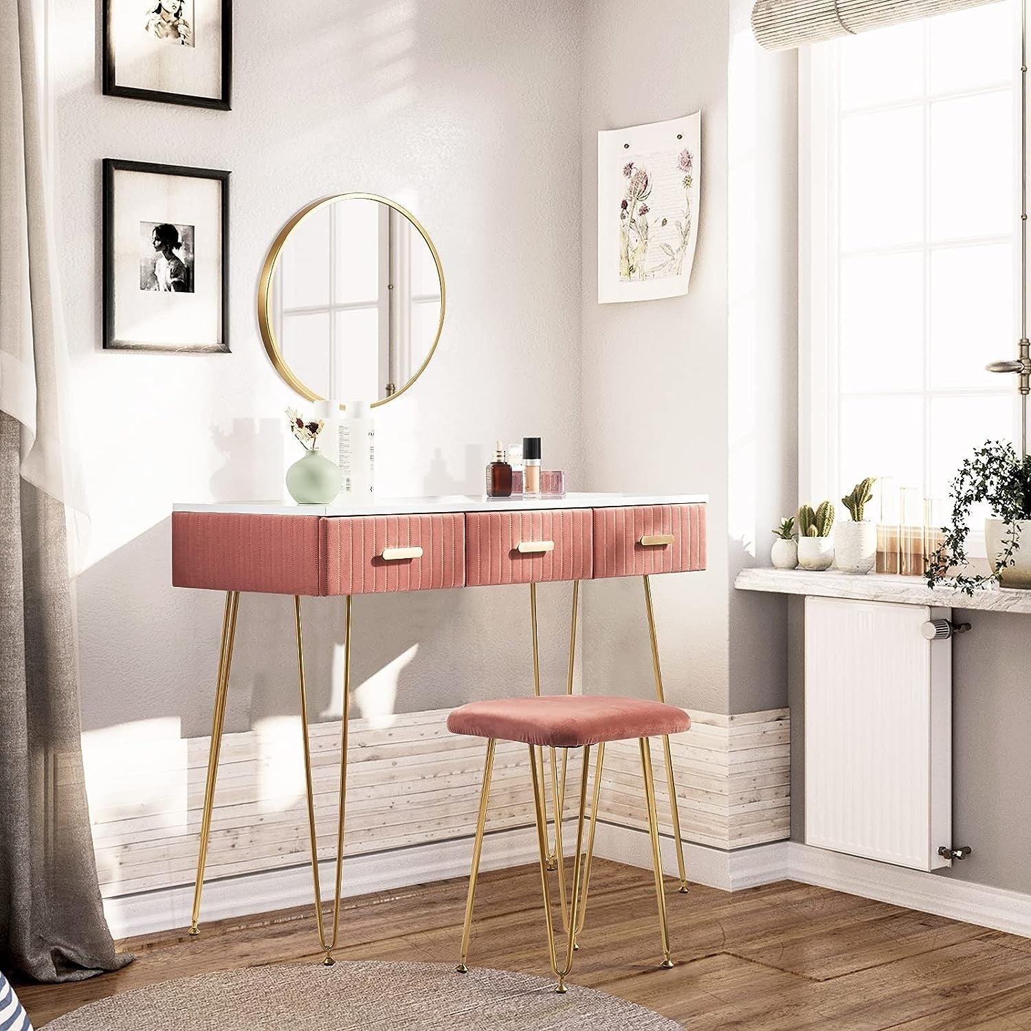 Elegant Velvet Charm Vanity Makeup Table with a large round mirror, soft velvet stool, and storage drawers in pink and gray, perfect for organizing beauty essentials.
Elegant Velvet Charm Vanity Makeup Table with a large round mirror, soft velvet stool, and storage drawers in pink and gray, perfect for organizing beauty essentials.