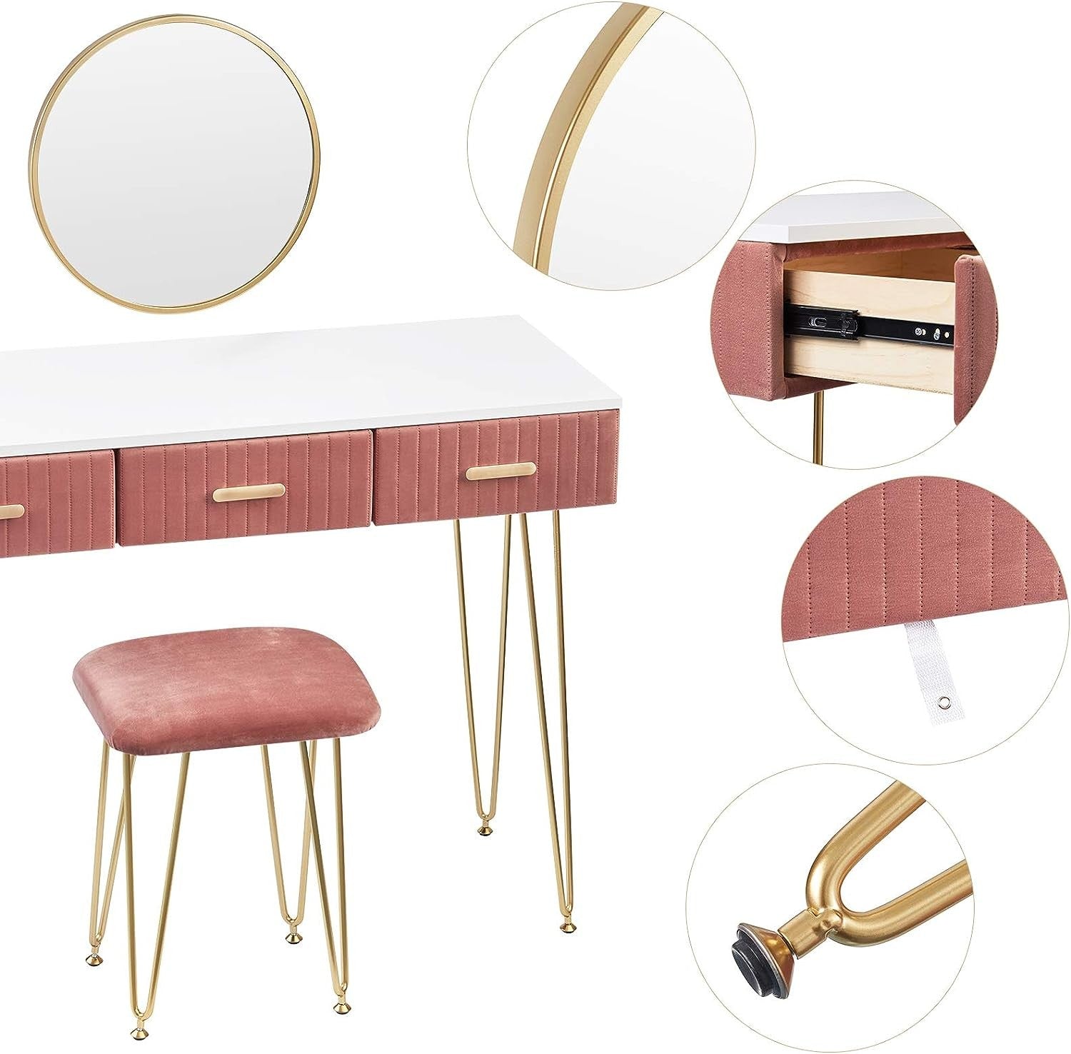 Elegant Velvet Charm Vanity Makeup Table with a large round mirror, soft velvet stool, and storage drawers in pink and gray, perfect for organizing beauty essentials.