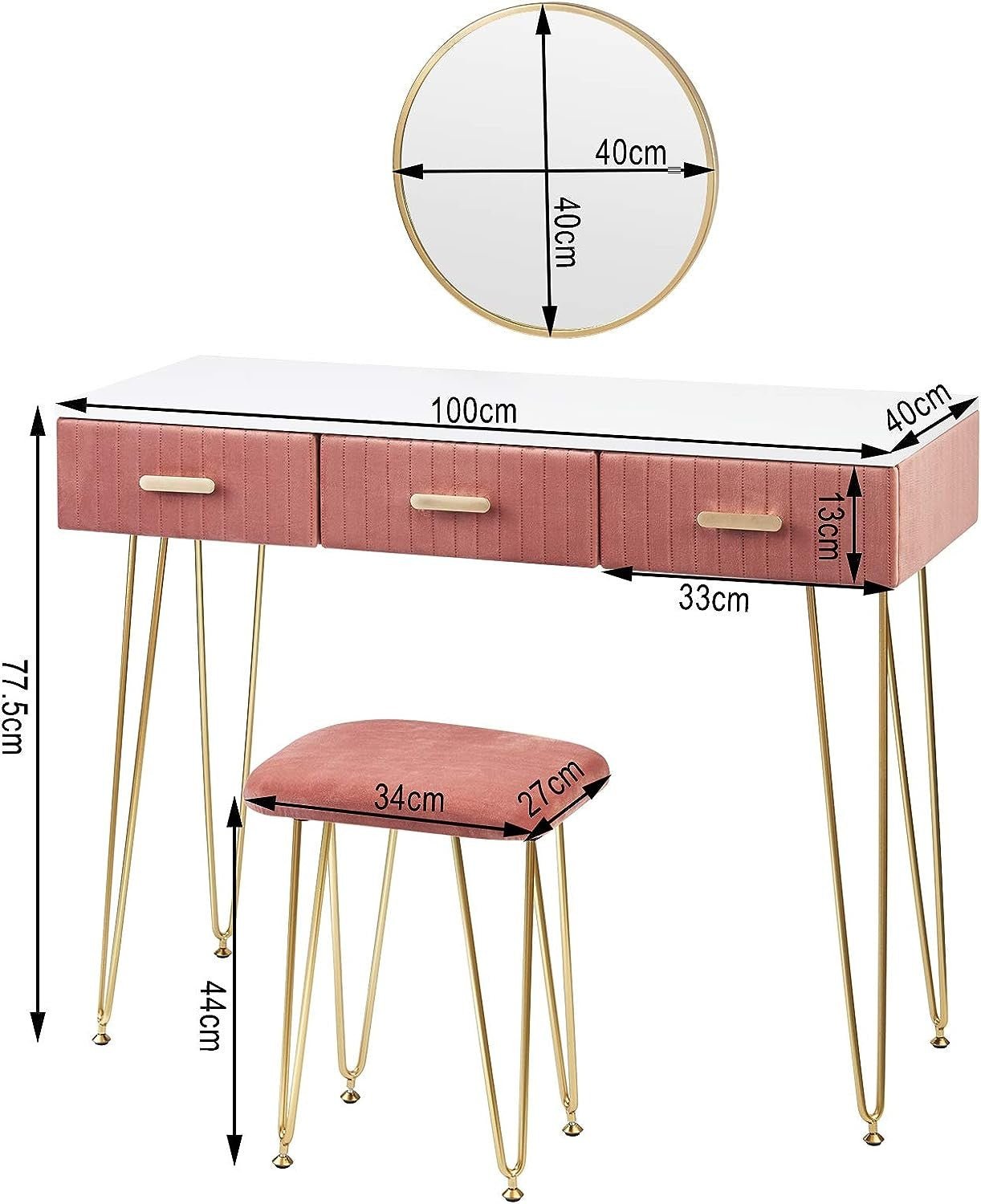 Elegant Velvet Charm Vanity Makeup Table with a large round mirror, soft velvet stool, and storage drawers in pink and gray, perfect for organizing beauty essentials.