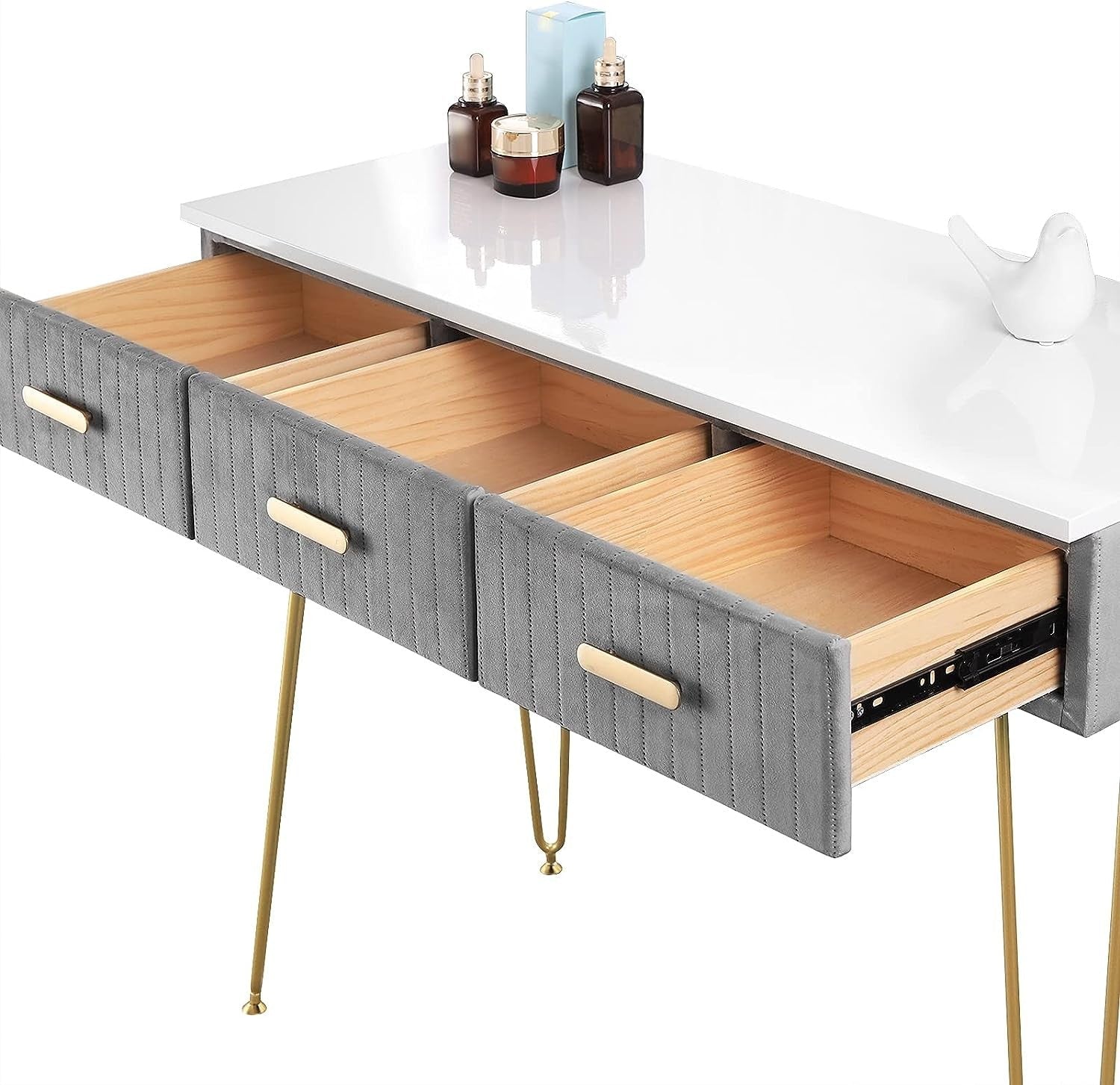 Elegant Velvet Charm Vanity Makeup Table with a large round mirror, soft velvet stool, and storage drawers in pink and gray, perfect for organizing beauty essentials.