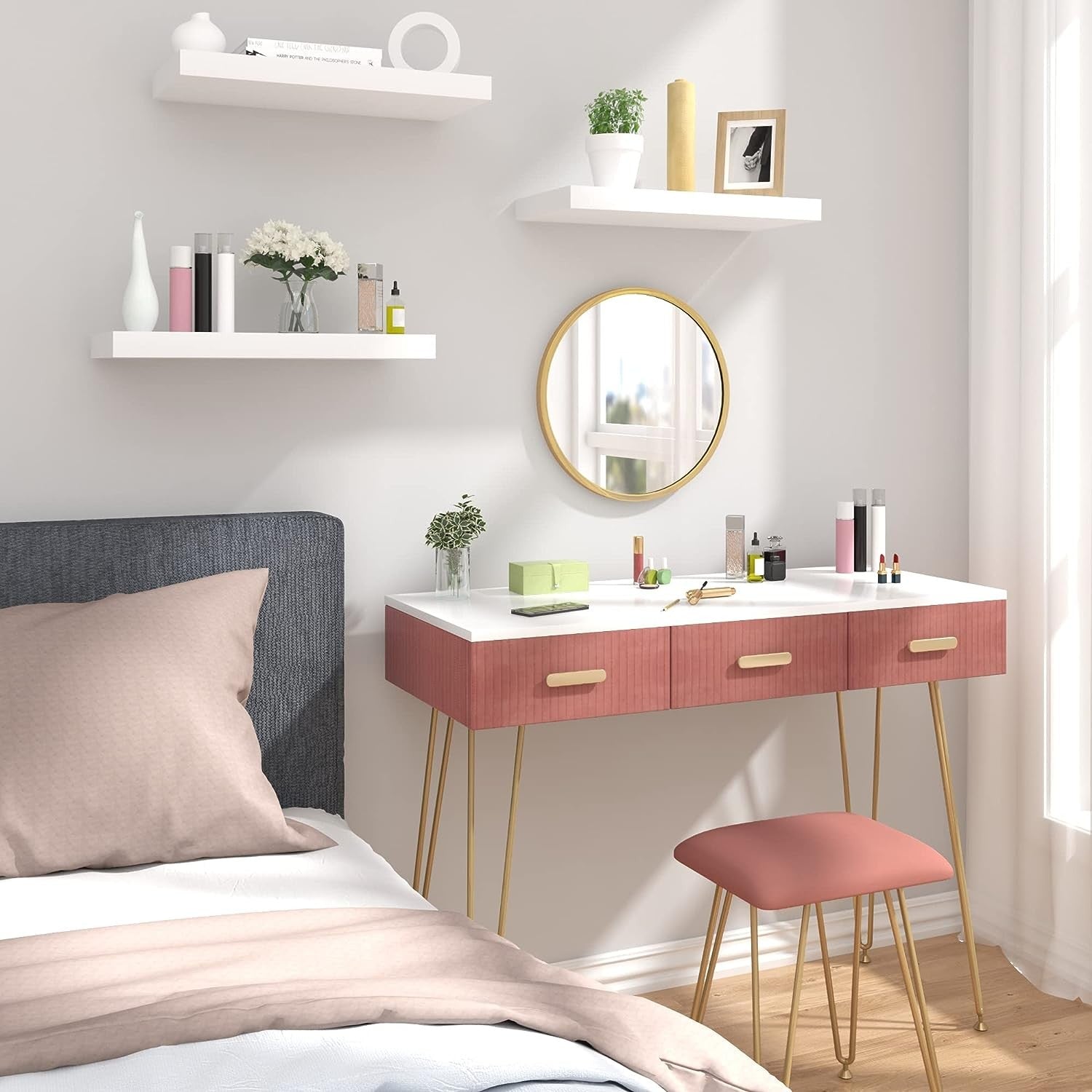 Elegant Velvet Charm Vanity Makeup Table with a large round mirror, soft velvet stool, and storage drawers in pink and gray, perfect for organizing beauty essentials.