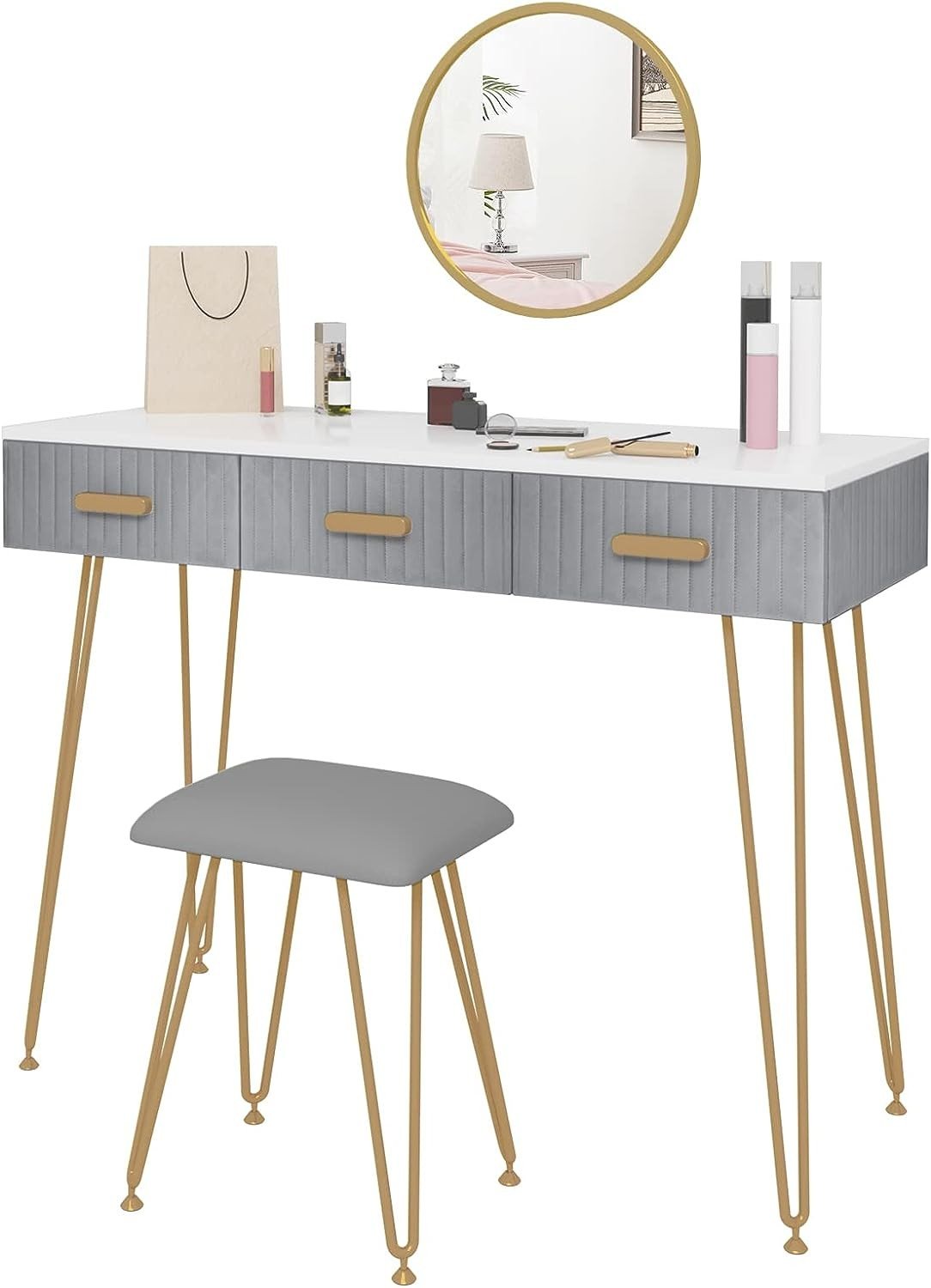 Elegant Velvet Charm Vanity Makeup Table with a large round mirror, soft velvet stool, and storage drawers in pink and gray, perfect for organizing beauty essentials.