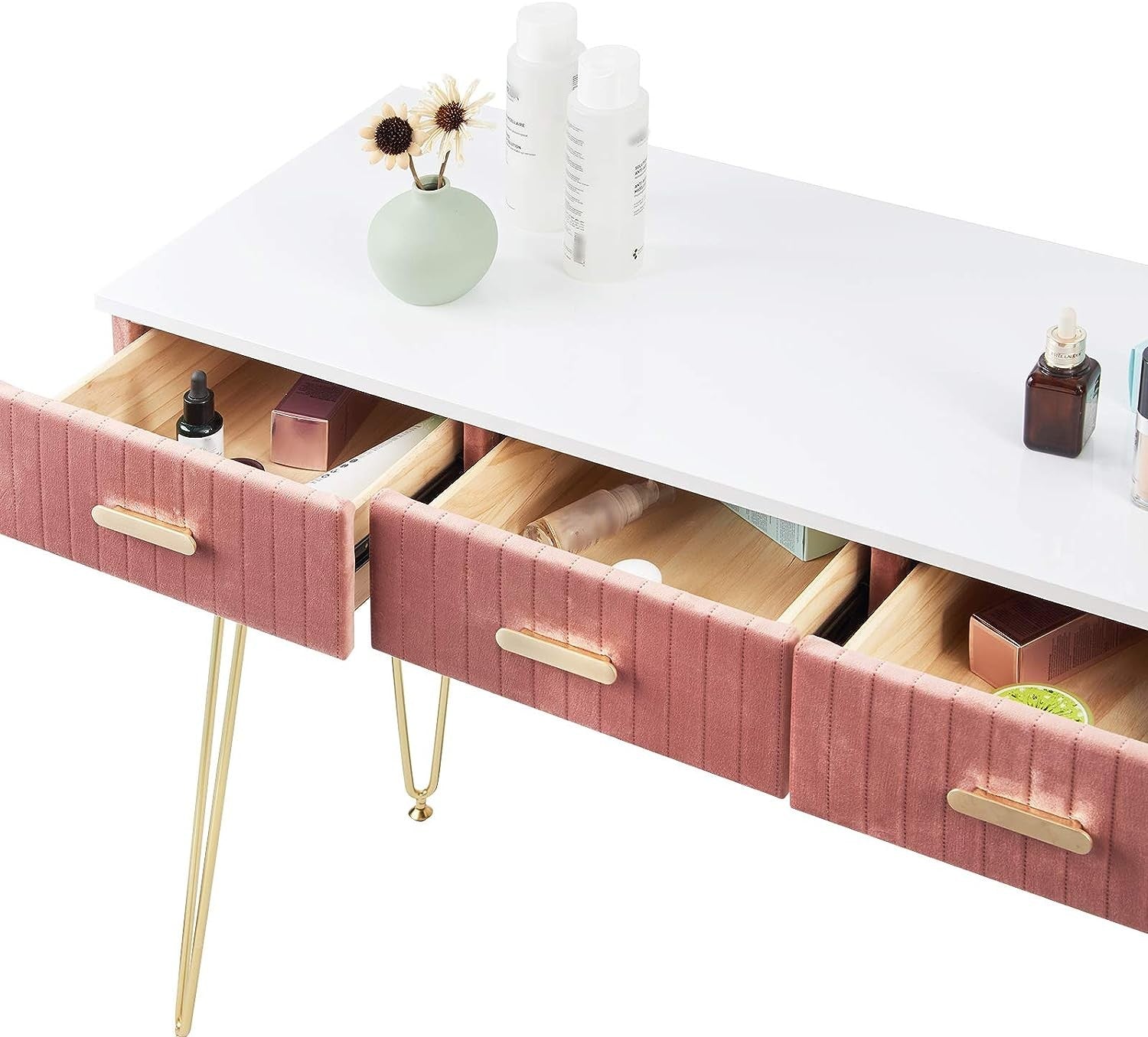 Elegant Velvet Charm Vanity Makeup Table with a large round mirror, soft velvet stool, and storage drawers in pink and gray, perfect for organizing beauty essentials.