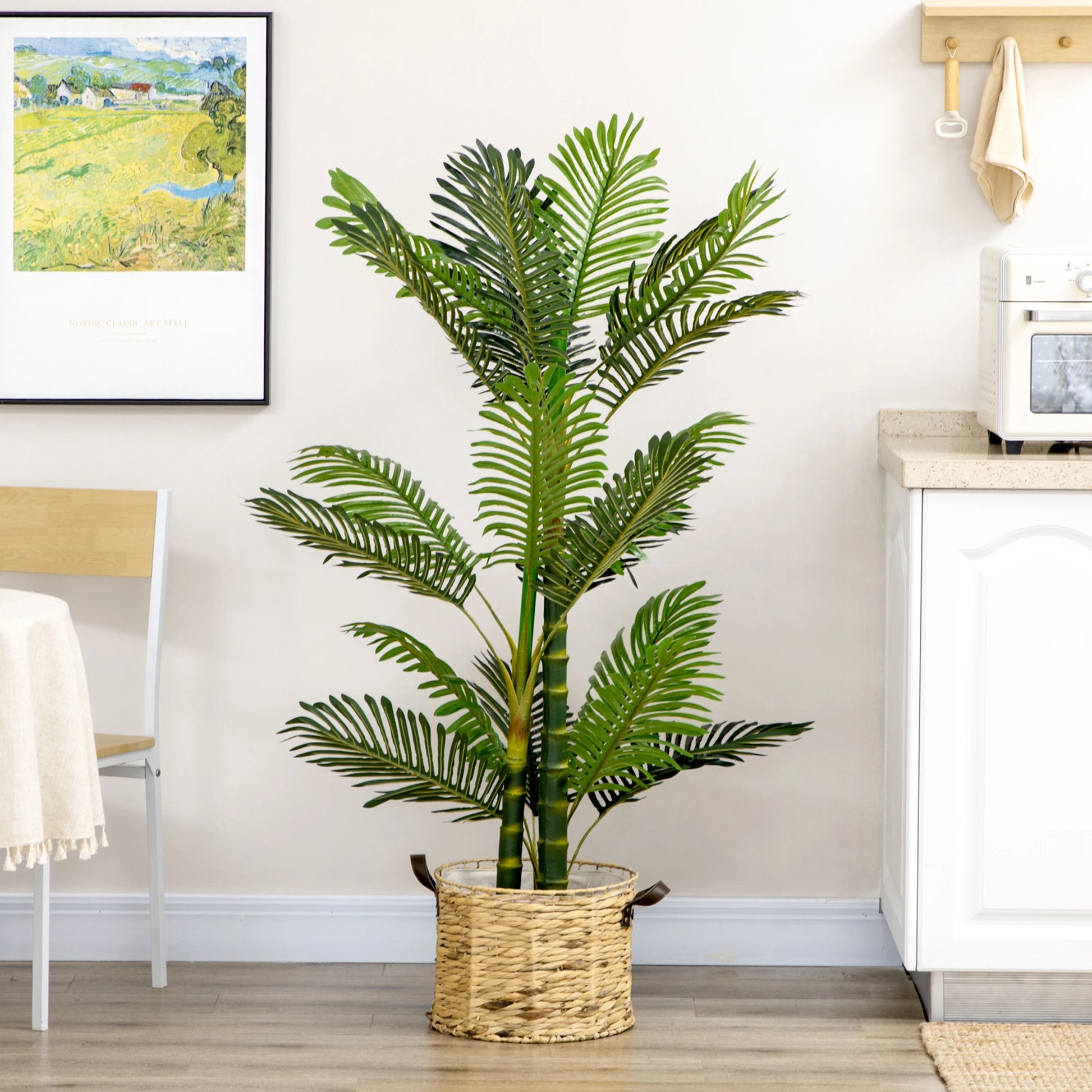 150 cm artificial Areca palm tree with 21 lifelike green leaves, set in a black planter with cement filling. Perfect for indoor or outdoor décor, maintenance-free.

