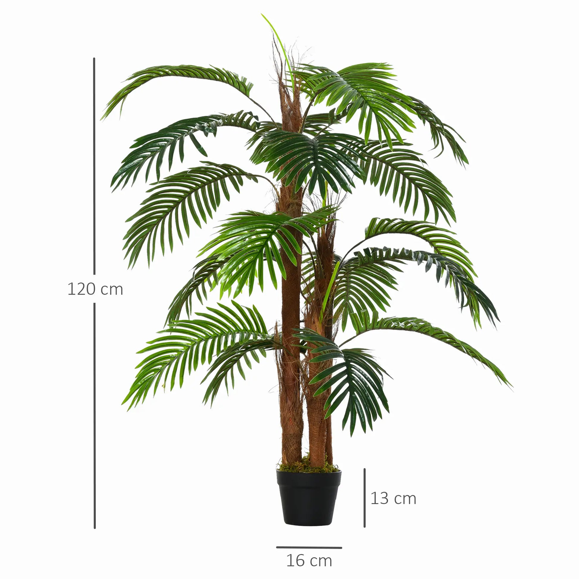 120 cm artificial palm tree with 19 realistic green leaves and a sturdy pot, ideal for bringing a tropical feel to indoor or outdoor spaces. No watering or pruning needed.

