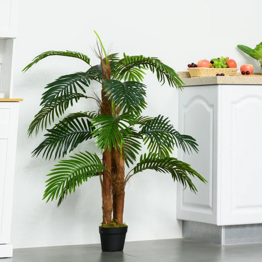 120 cm artificial palm tree with 19 realistic green leaves and a sturdy pot, ideal for bringing a tropical feel to indoor or outdoor spaces. No watering or pruning needed.

