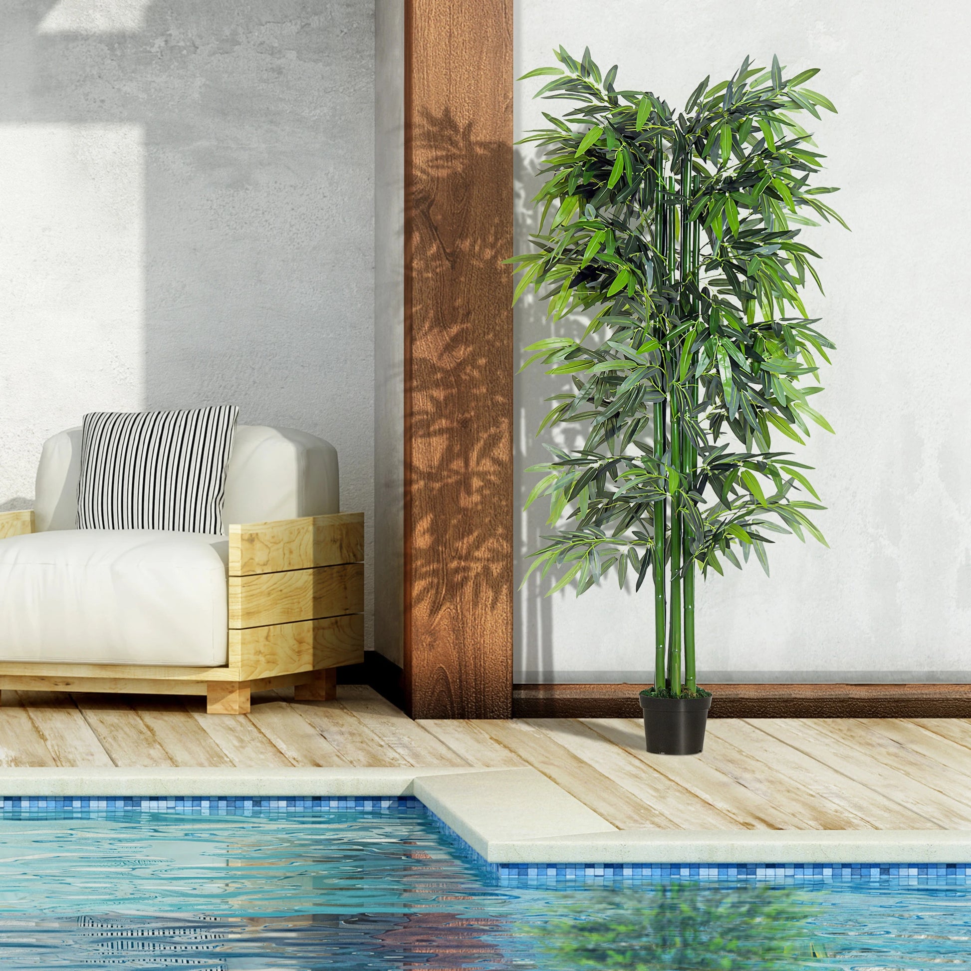 180 cm artificial bamboo tree with realistic green leaves and a sturdy black pot, perfect for home, office, or outdoor use. No watering or maintenance required.