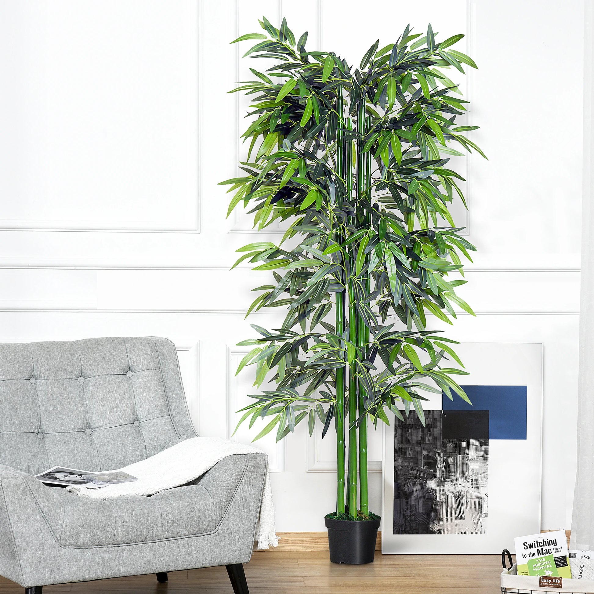 180 cm artificial bamboo tree with realistic green leaves and a sturdy black pot, perfect for home, office, or outdoor use. No watering or maintenance required.