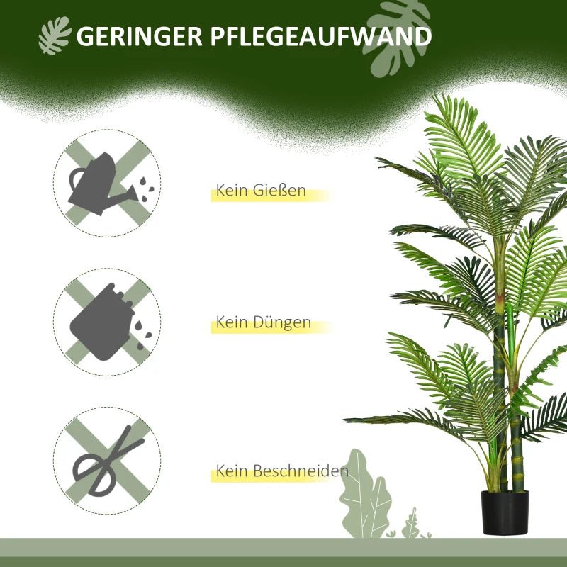 150 cm artificial Areca palm tree with 21 lifelike green leaves, set in a black planter with cement filling. Perfect for indoor or outdoor décor, maintenance-free.

