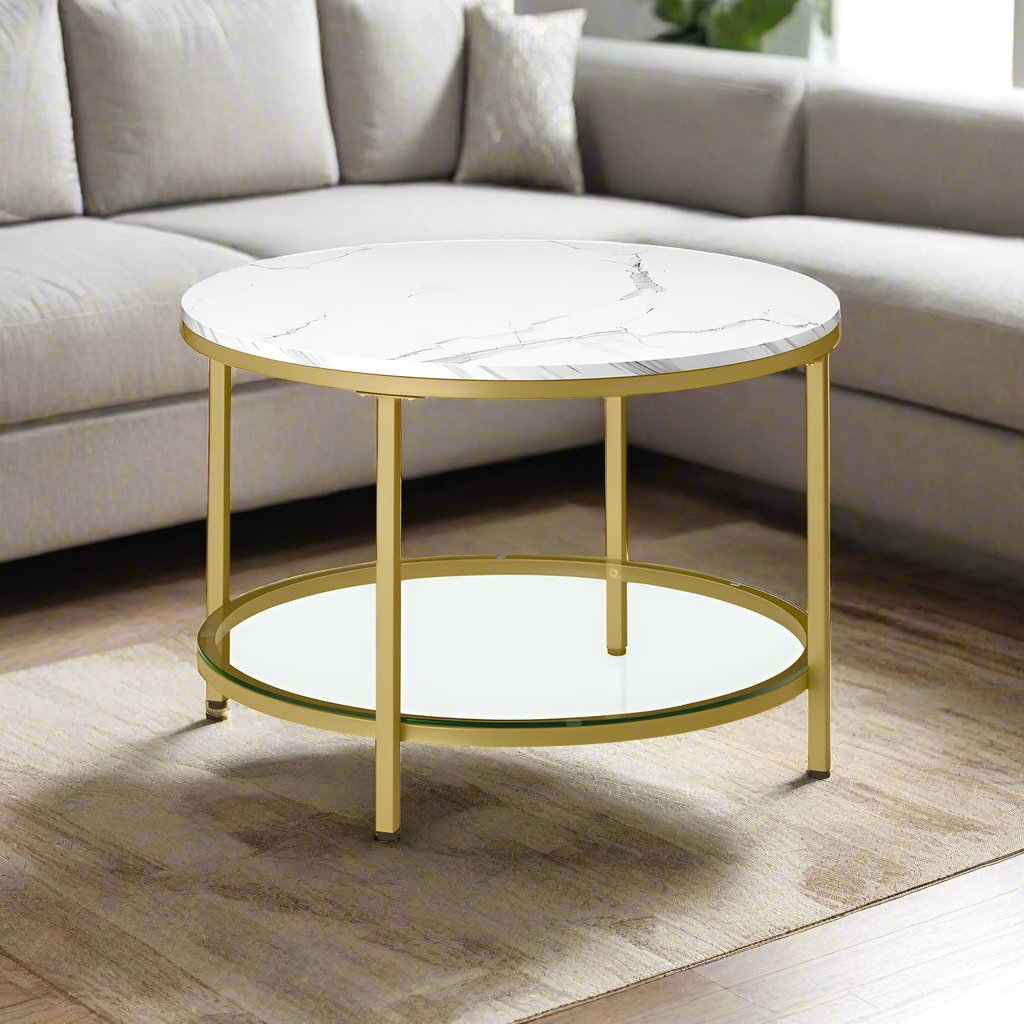 "Modern white marble-look coffee table with a round tabletop, bright tempered glass shelf underneath, and gold-colored steel legs for an elegant, sturdy design."

