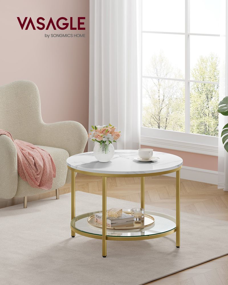 "Modern white marble-look coffee table with a round tabletop, bright tempered glass shelf underneath, and gold-colored steel legs for an elegant, sturdy design."

