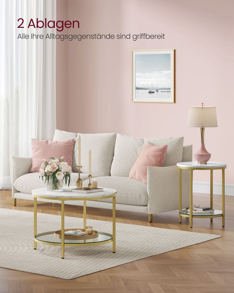 "Modern white marble-look coffee table with a round tabletop, bright tempered glass shelf underneath, and gold-colored steel legs for an elegant, sturdy design."

